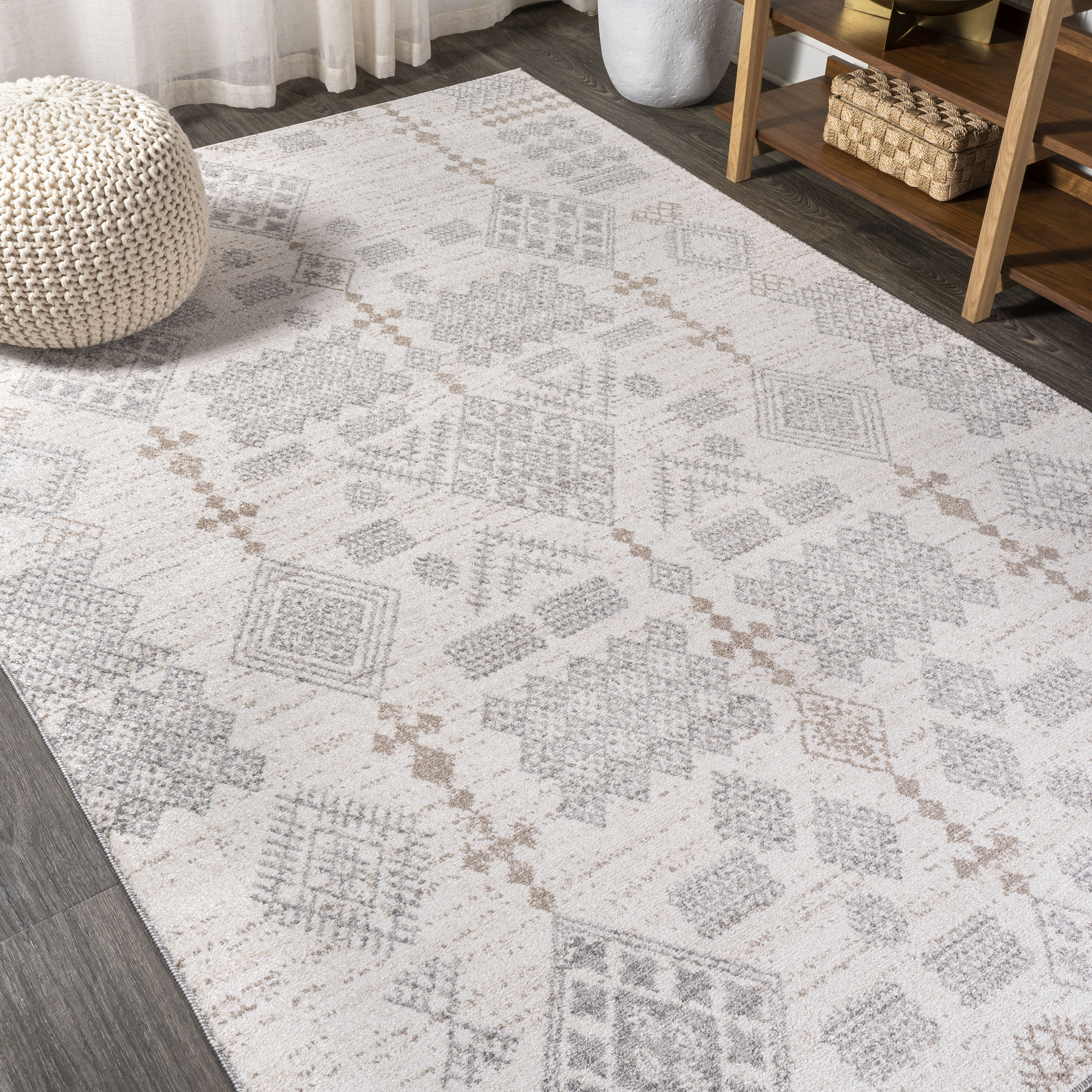 Bhalil 5' x 8' Gray and Beige Geometric Area Rug
