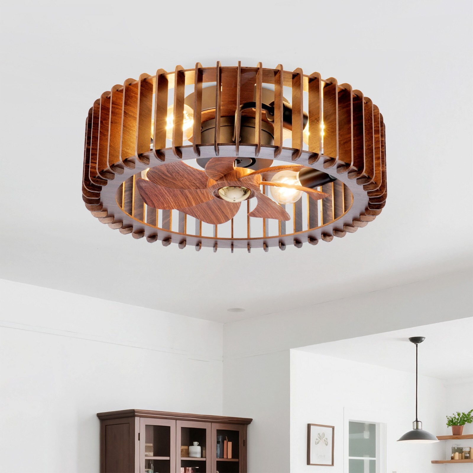 GlasFlength  20-Inch Modern Flush Mount Fan Light With Lights Remote Control 6 Speed Levels Quiet DC Motor Reversible For Living Room Bedroom Kitchen Wood