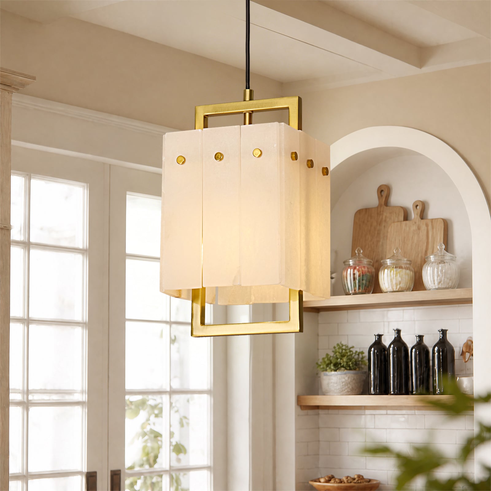 LuminFan 6.89-in 1-Light Brass Gold Modern Contemporary Natural Alabaster Stone Cylinder Mini Hanging Pendant Light