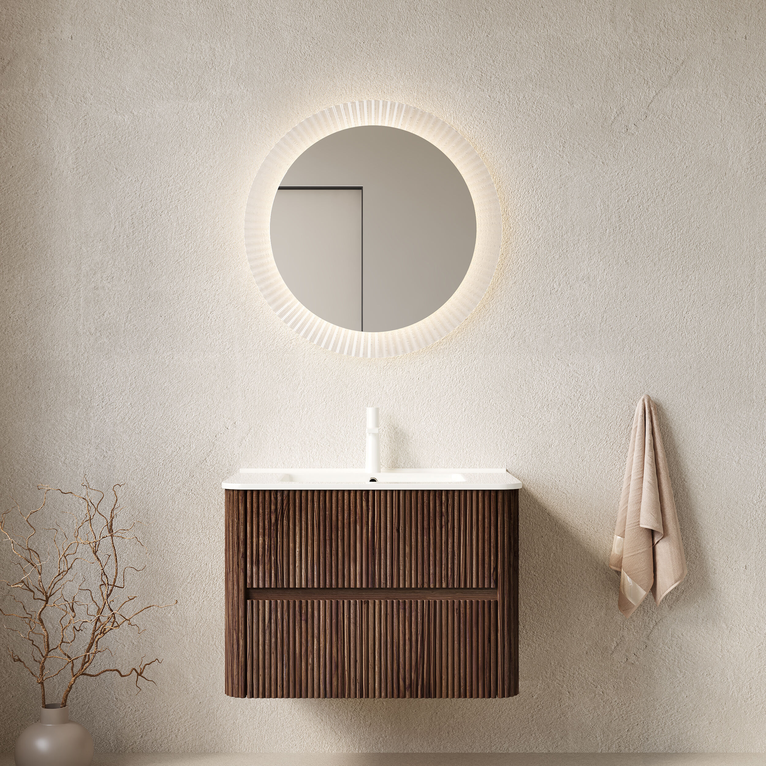 Tinyhomie 30 Inch Wall Mounted Bathroom Vanity Plywood Cabinet Double Drawers Ceramic Basin Natural Wood Grain Pre Assembled