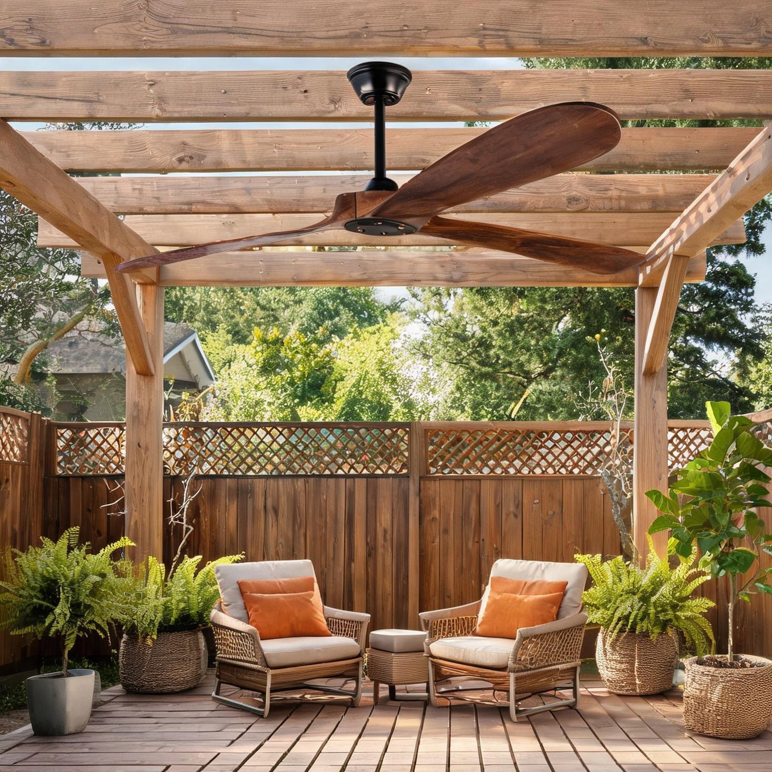 Watnature 60-Inch Solid Wood Outdoor Ceiling Fan with Remote Jet Black and Dark Walnut 3 Blades No Light