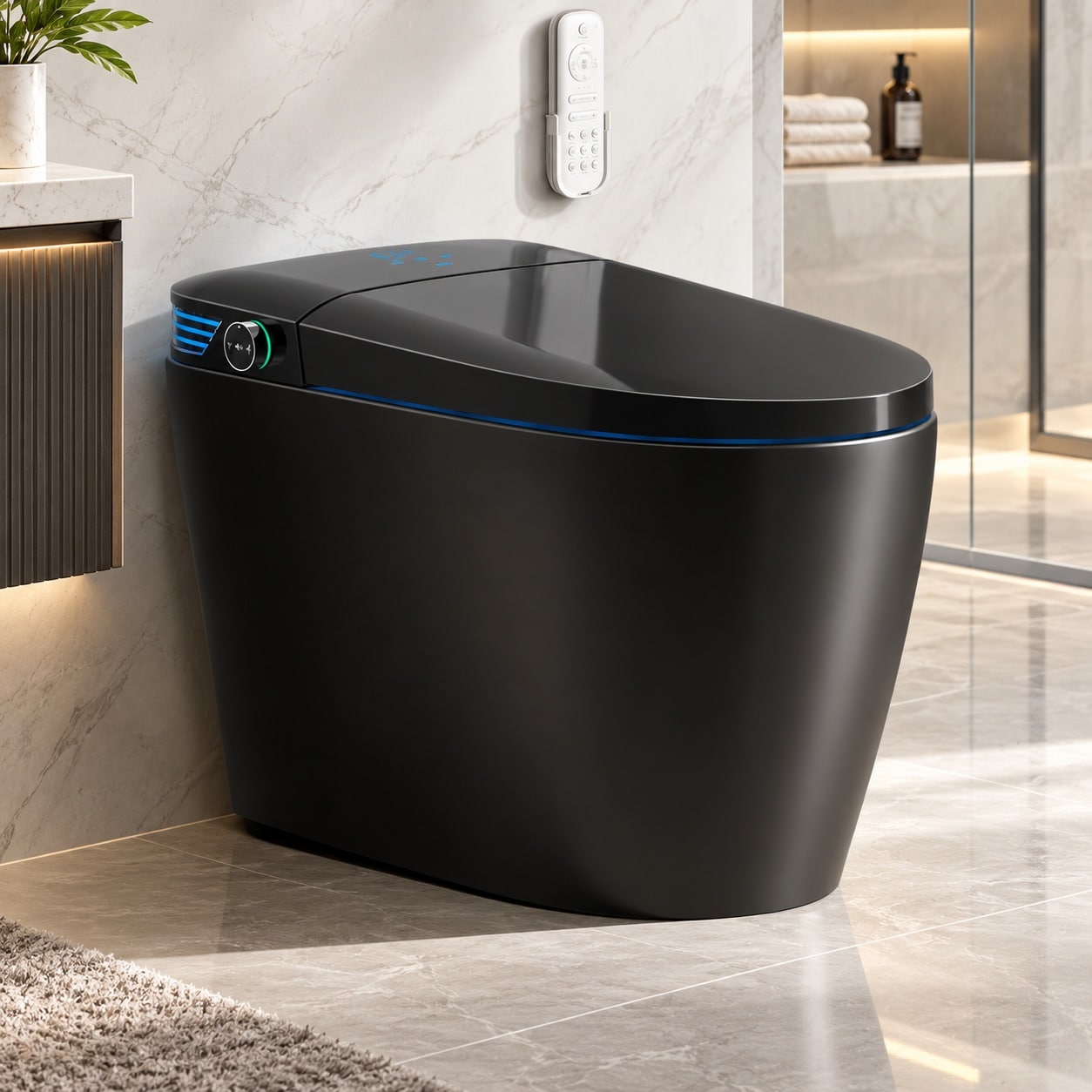 BCANhome Black Smart Toilet Advanced Bidet Auto Open Lid Soft Closing Heated Seat Tankless Auto Dual Flush Massage Clean Warm Wash Dryer Remote Control MTU5BK