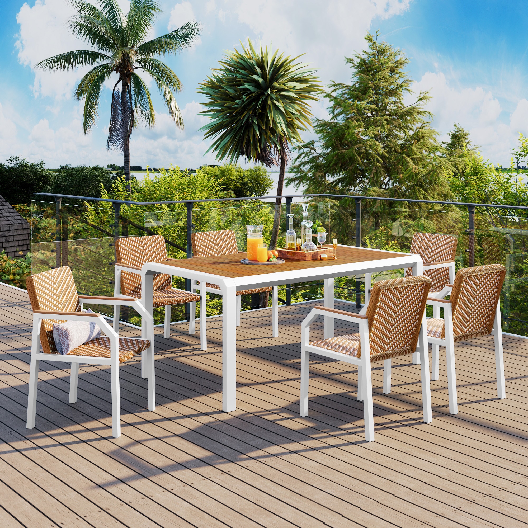 Xspracer ML-PDS42AG Dining Set 7 -Piece white Wicker Patio Dining Set Wood Rectangle Table with 6 Brown Stationary and Motion Chairs