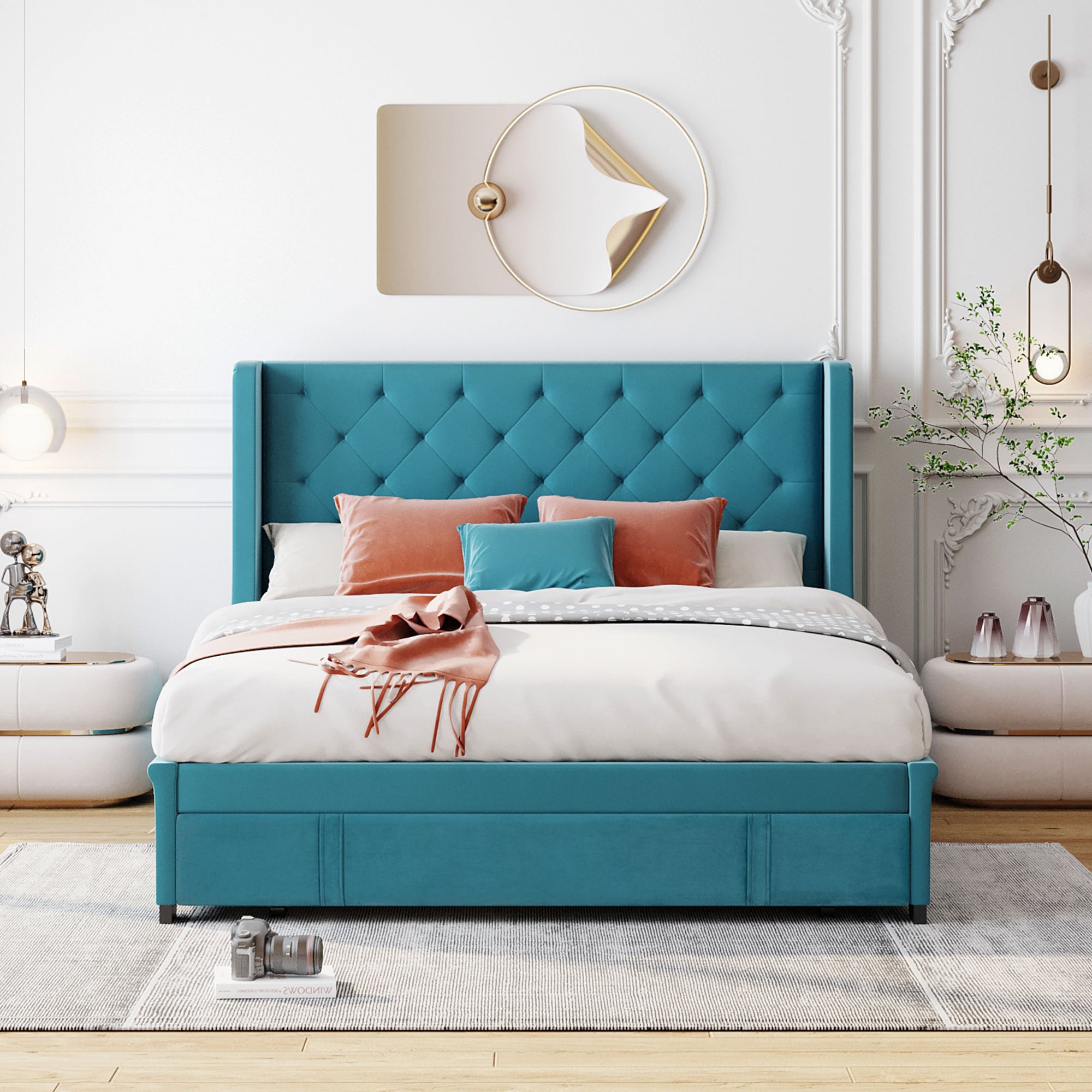 JIMSMAISON JMLFFB01BL Blue Queen Wood Upholstered Bed with Storage