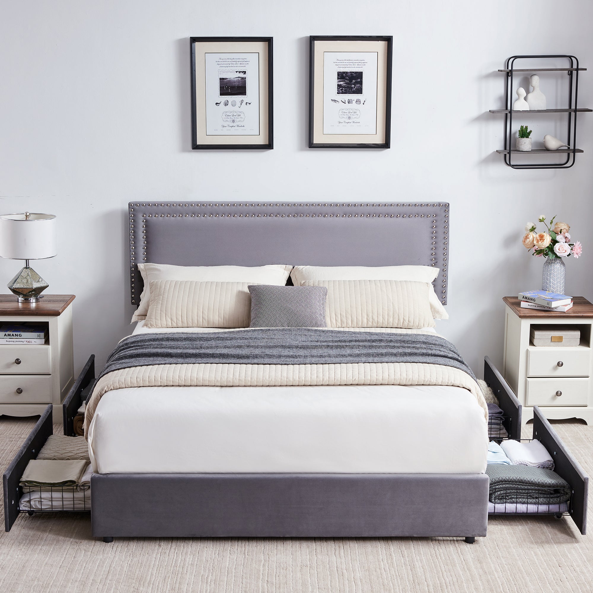 Vecelo LOE-CY-FB05-UP-DGRY Full Velvet Upholstered Platform Bed Frame with Four Storage Drawers and Adjustable Headboard Dark Gray