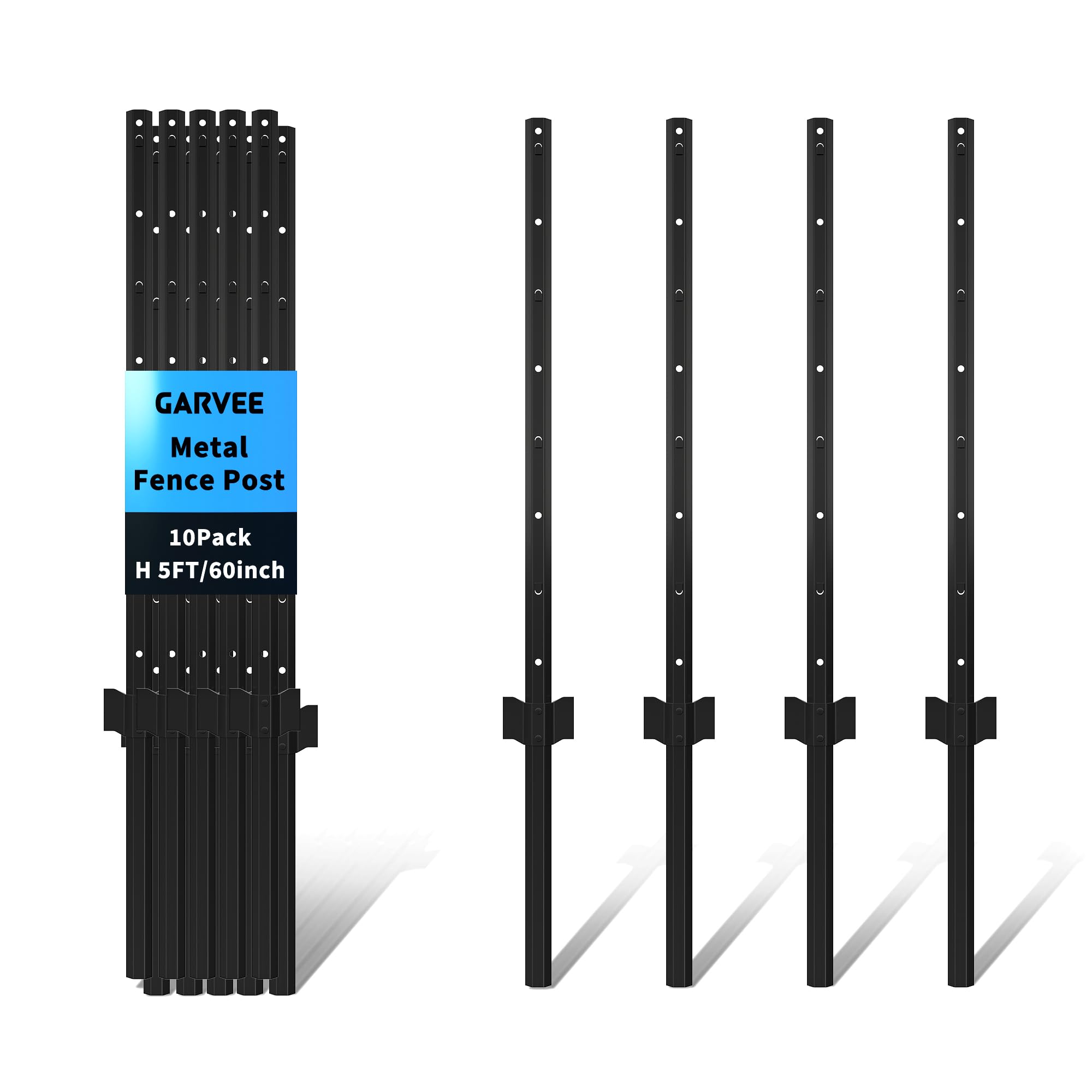 Garvee - Heavy Duty Steel U Post Fence Posts 5FT 10 Pack Powder Coated Anchor Plate No Dig Wire M...