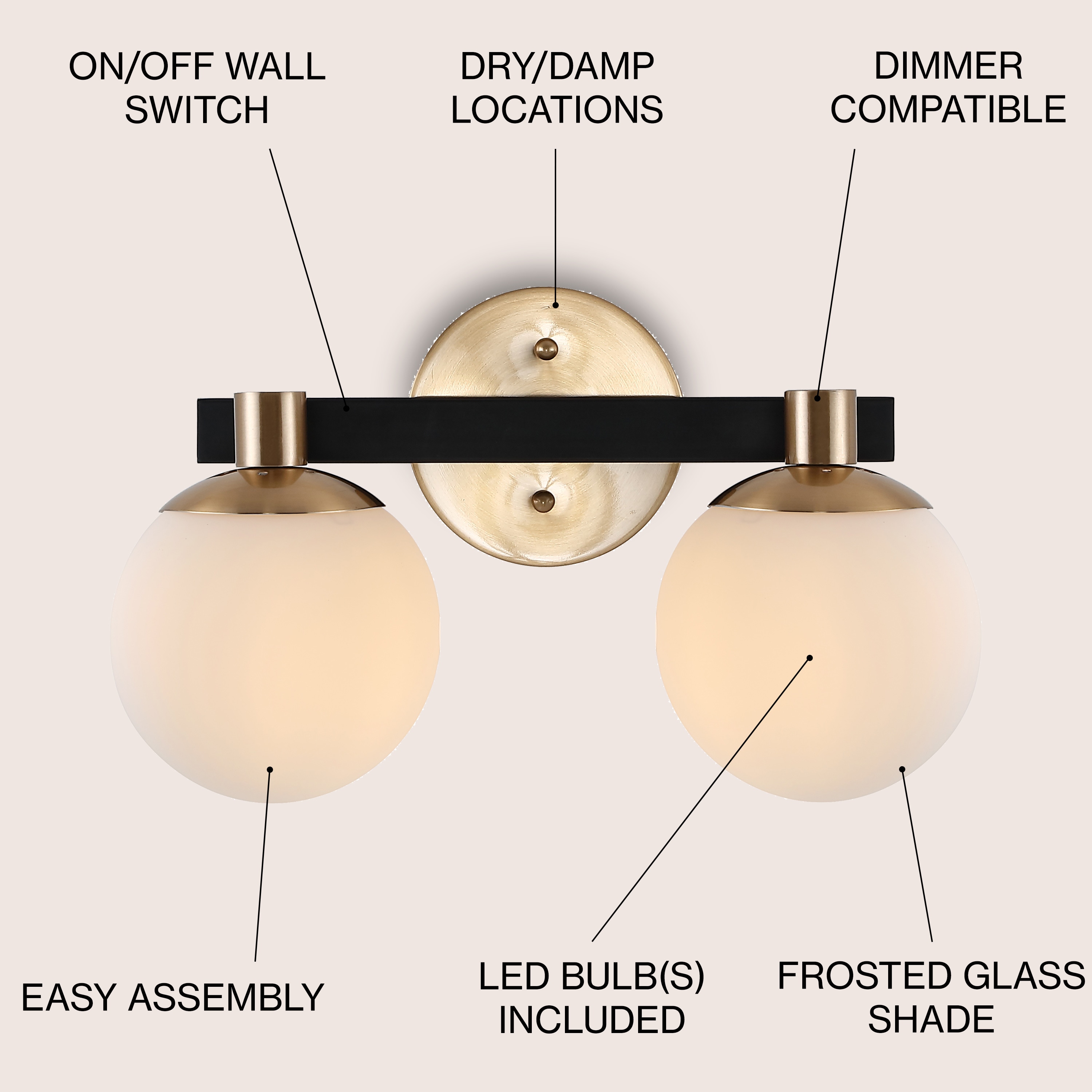 Modernist Globe 15.25" Brass Gold & Black 2-Light LED Vanity