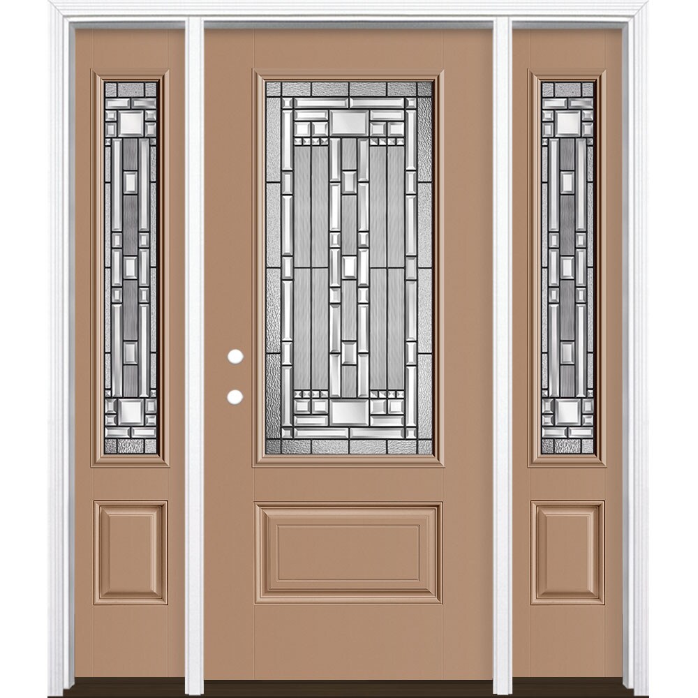 Masonite 3421246 Naples 60-in x 80-in x 4-9/16-in Fiberglass 3/4 lite Right-hand inswing Warm Wheat Painted Prehung Single door with sidelights Front Door with Brickmould Insulating core Decorative glass