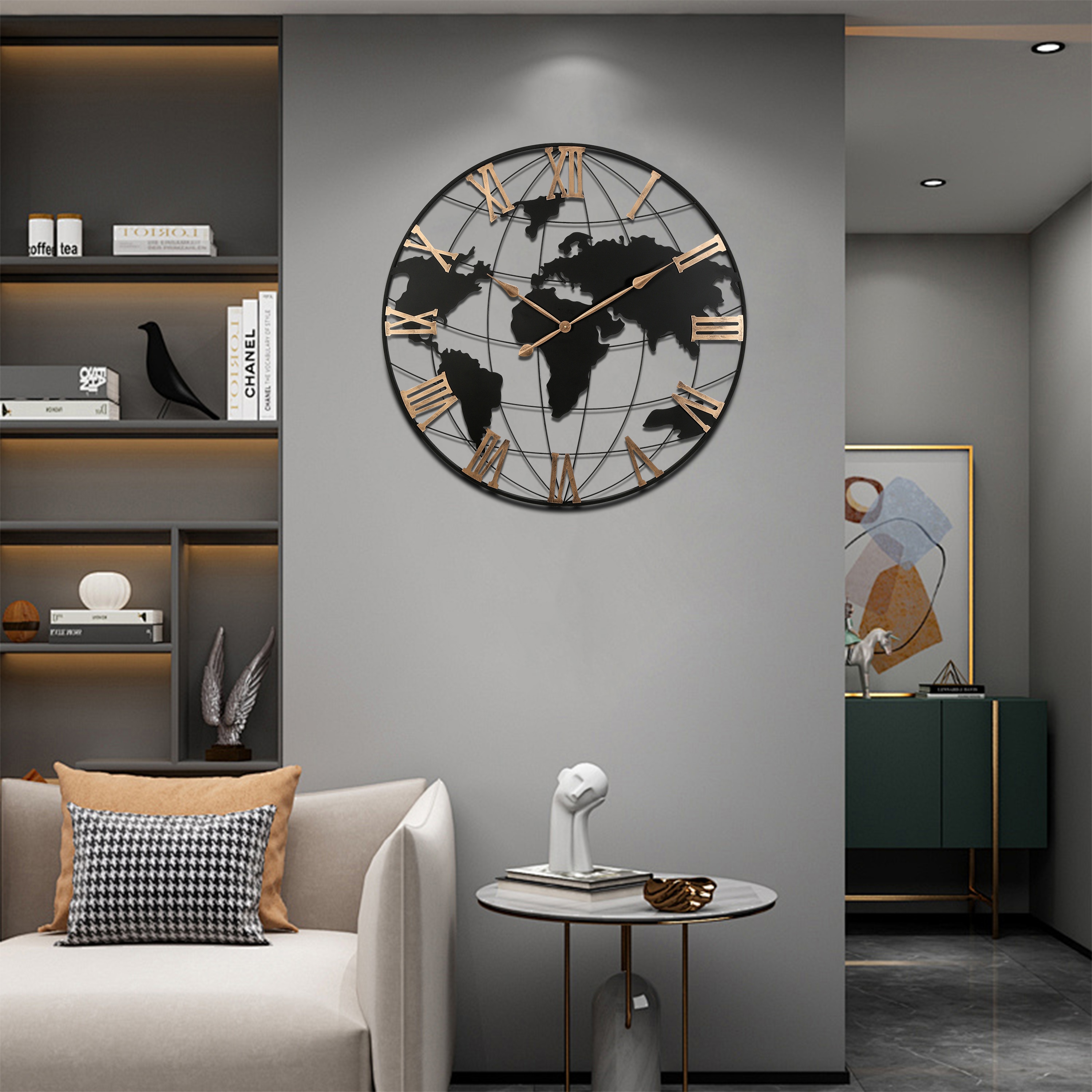 GDFStudio Indoor Modern 36 Inch Extra Giant Large Metal World Map Wall Clock with Silent Movement and Vintage Gold Numerals Decorative Black
