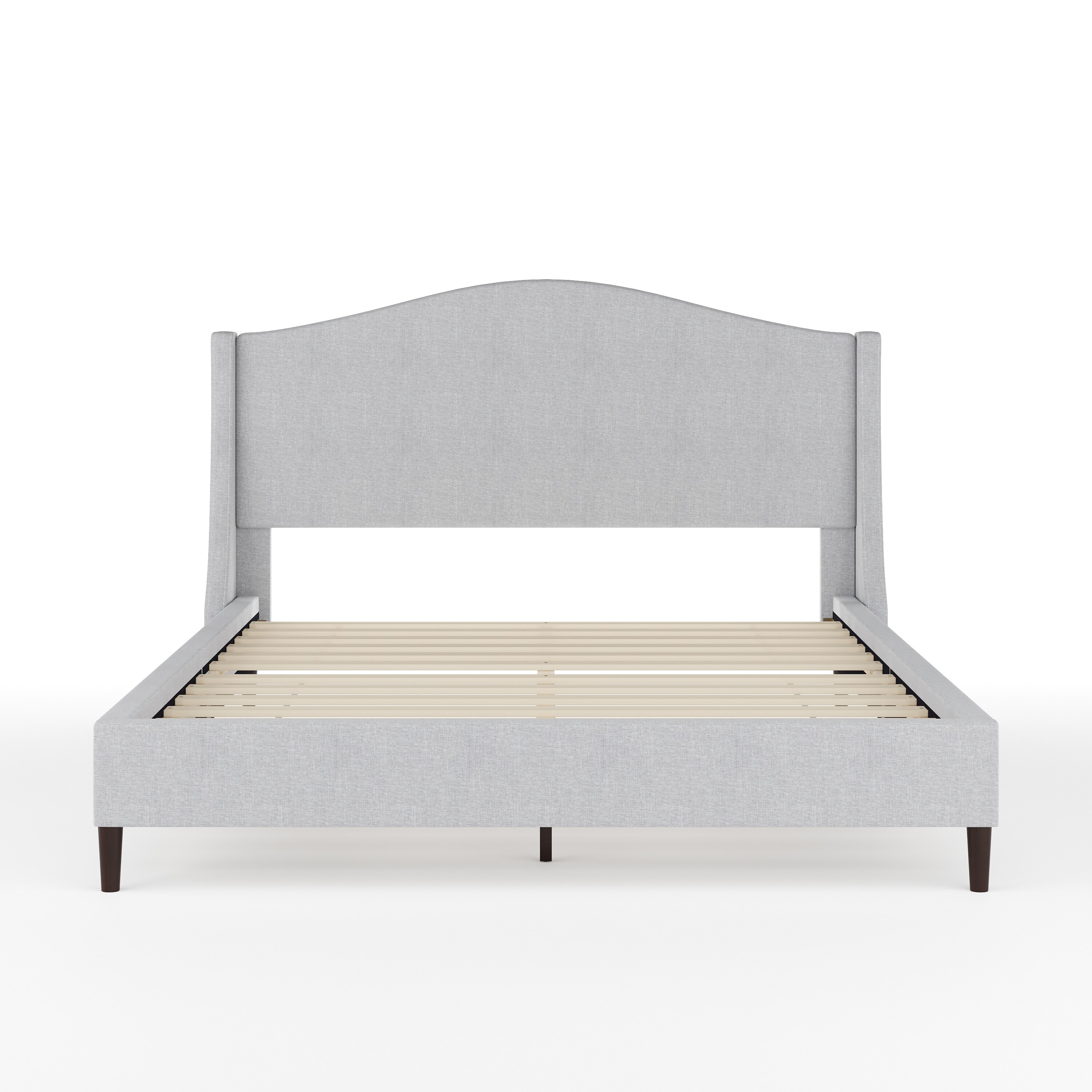Gray Queen Upholstered Platform Bed with Curved Headboard and Wood Frame