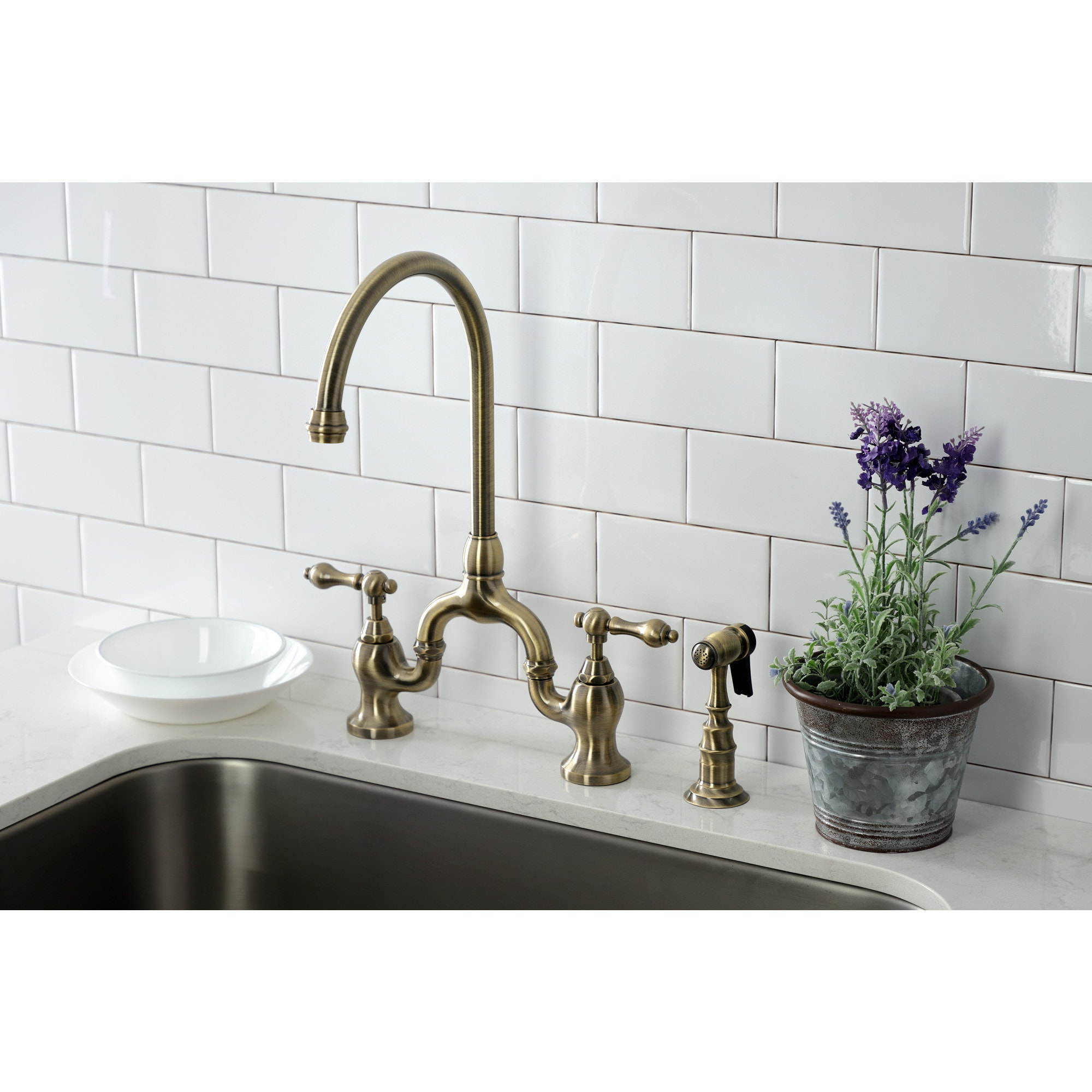 Kingston Brass WLKS7793ALBS English Country Antique Brass Double Handle Deck-mount Bridge Kitchen Faucet ( Side Sprayer Included )