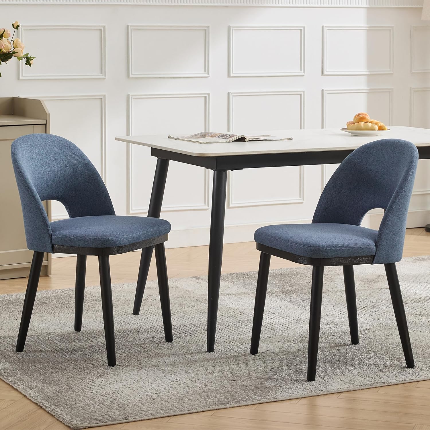 Qeetex QET-DC-WJ583 Wooden Dining Chairs Set of 2 - Modern Fabric Upholstered Dining Room Chair - Large Dining Room Kitchen Chairs with High Back and Deep Seat - Farmhouse Dinner Chair for Kitchen - Restaurant - Cafe - Blue