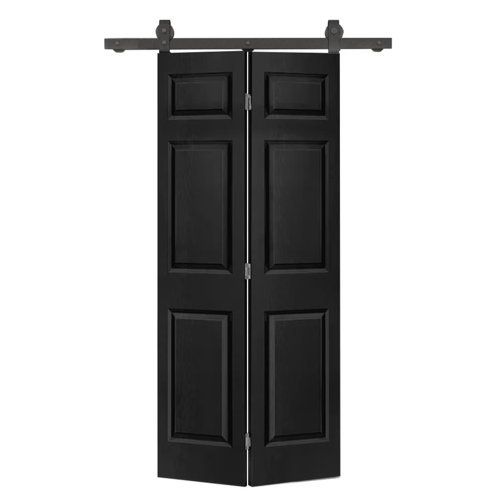 RITSU - 30 in x 80 in MDF Composite 6-Panel Black Painted Bi-Fold Barn Door with Sliding Hardwar...
