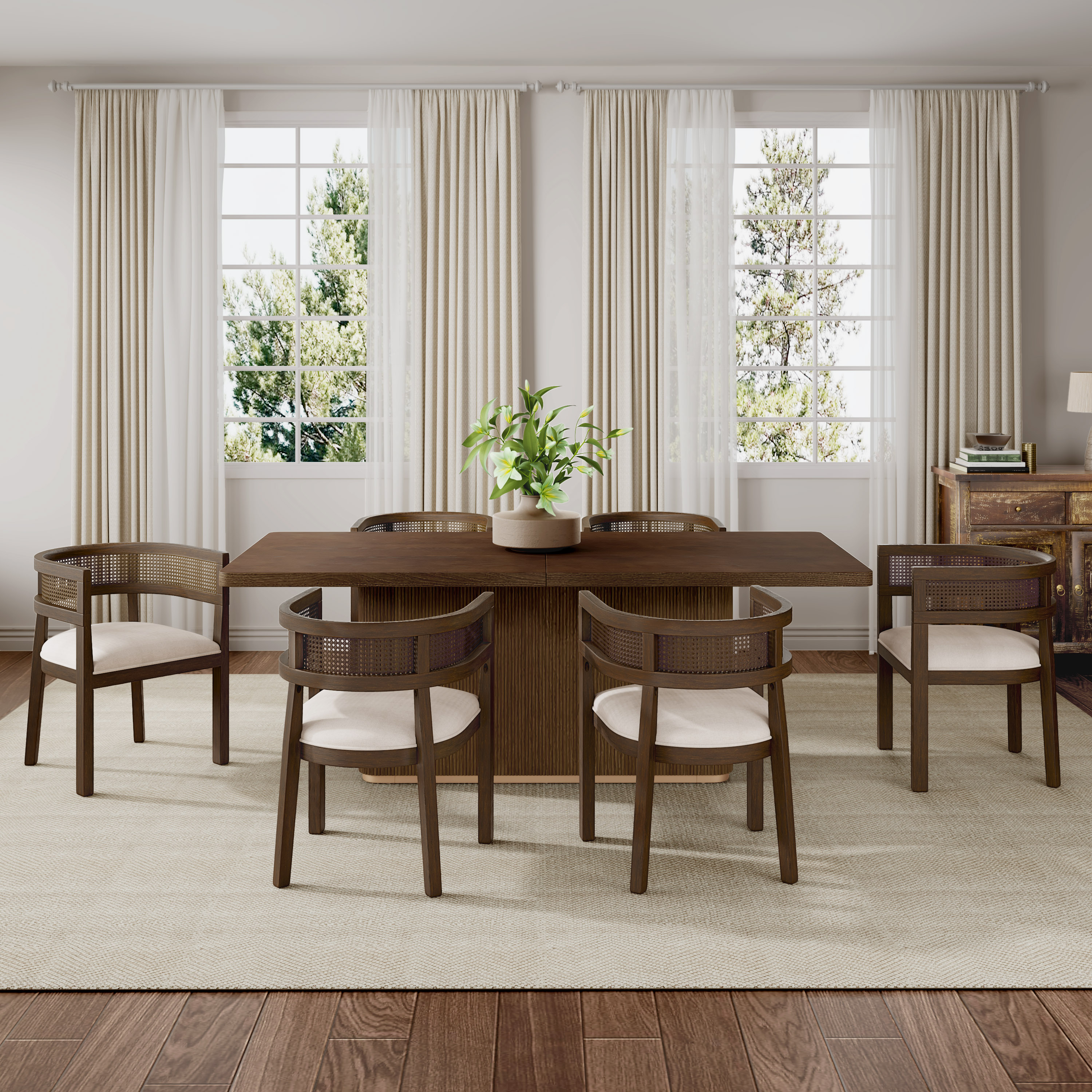 Modern 7 Piece Rubber Wood Dining Set with Upholstered Cane Rattan Backrest Chairs and Rectangular Dining Table Beige and Walnut