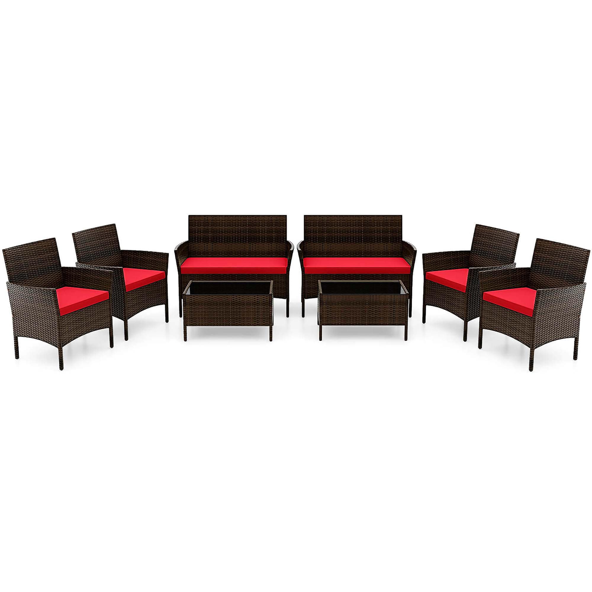 Costway HCST05100 8 -Piece Rattan Patio Conversation Set with Red Cushions