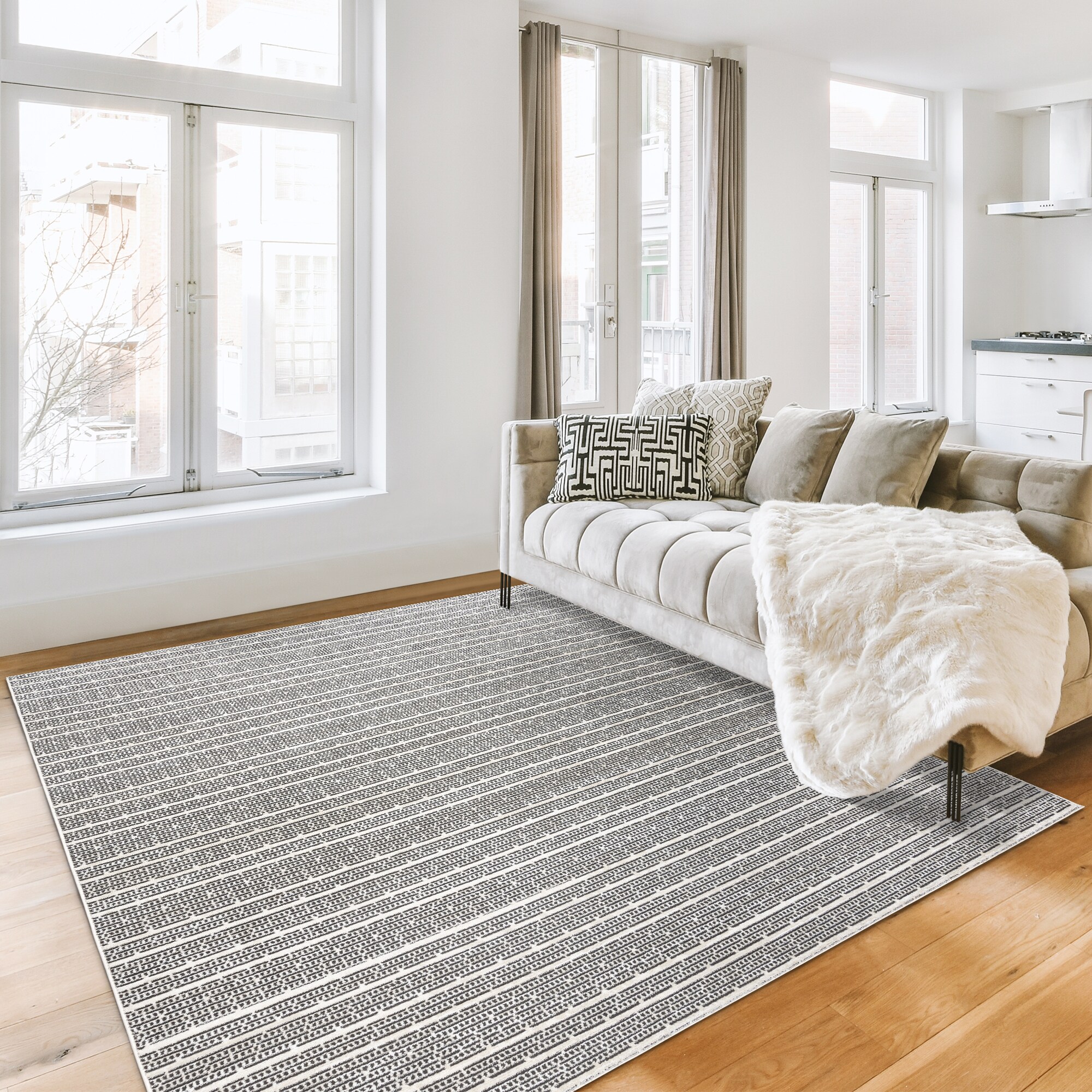 GERTMENIAN 28343 6 x 9 (ft) Polyester Beige Rectangular Indoor Stripe Area rug