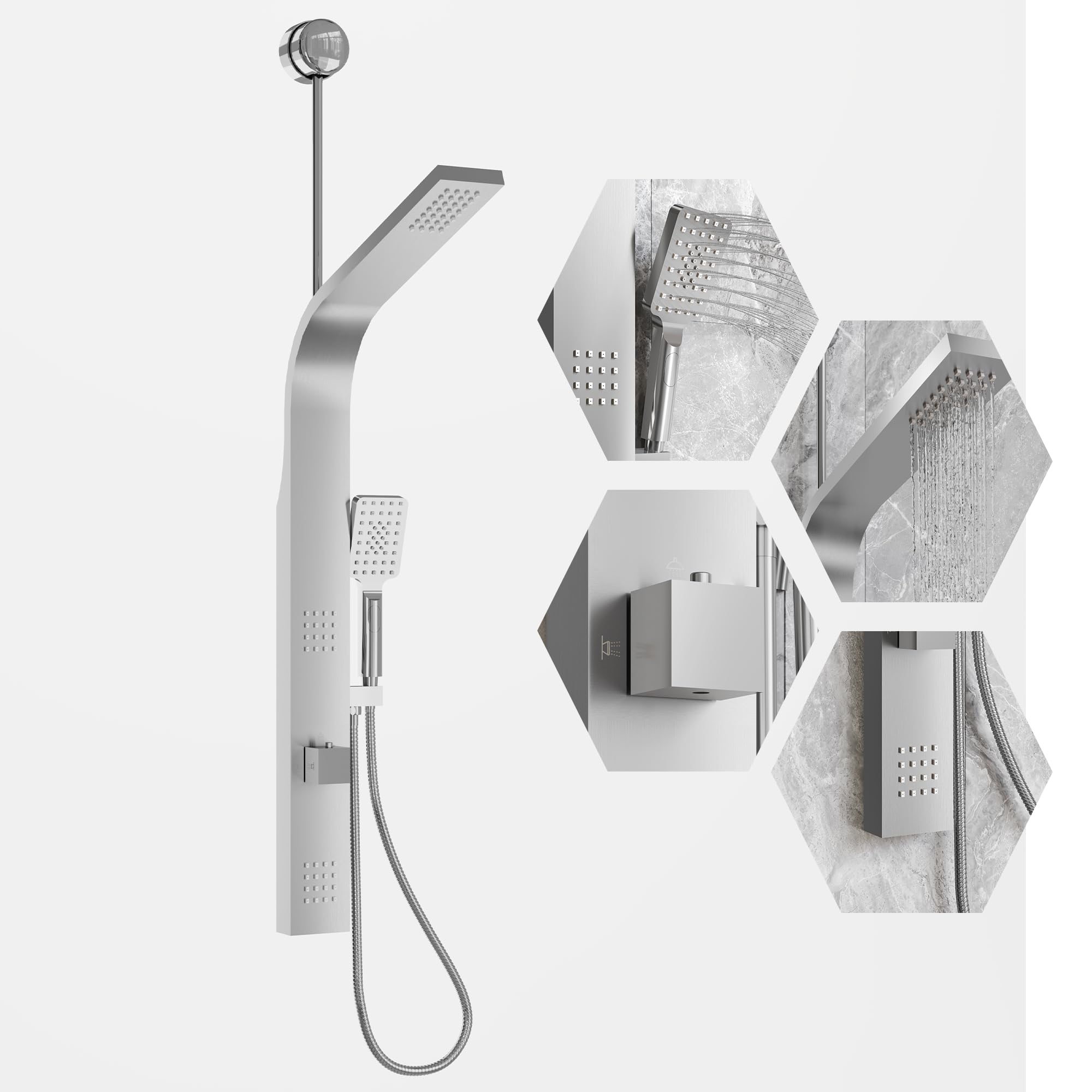Garvee - Brushed Nickel Stainless Steel Shower Panel Tower with Rainfall Waterfall Head Body Mass...