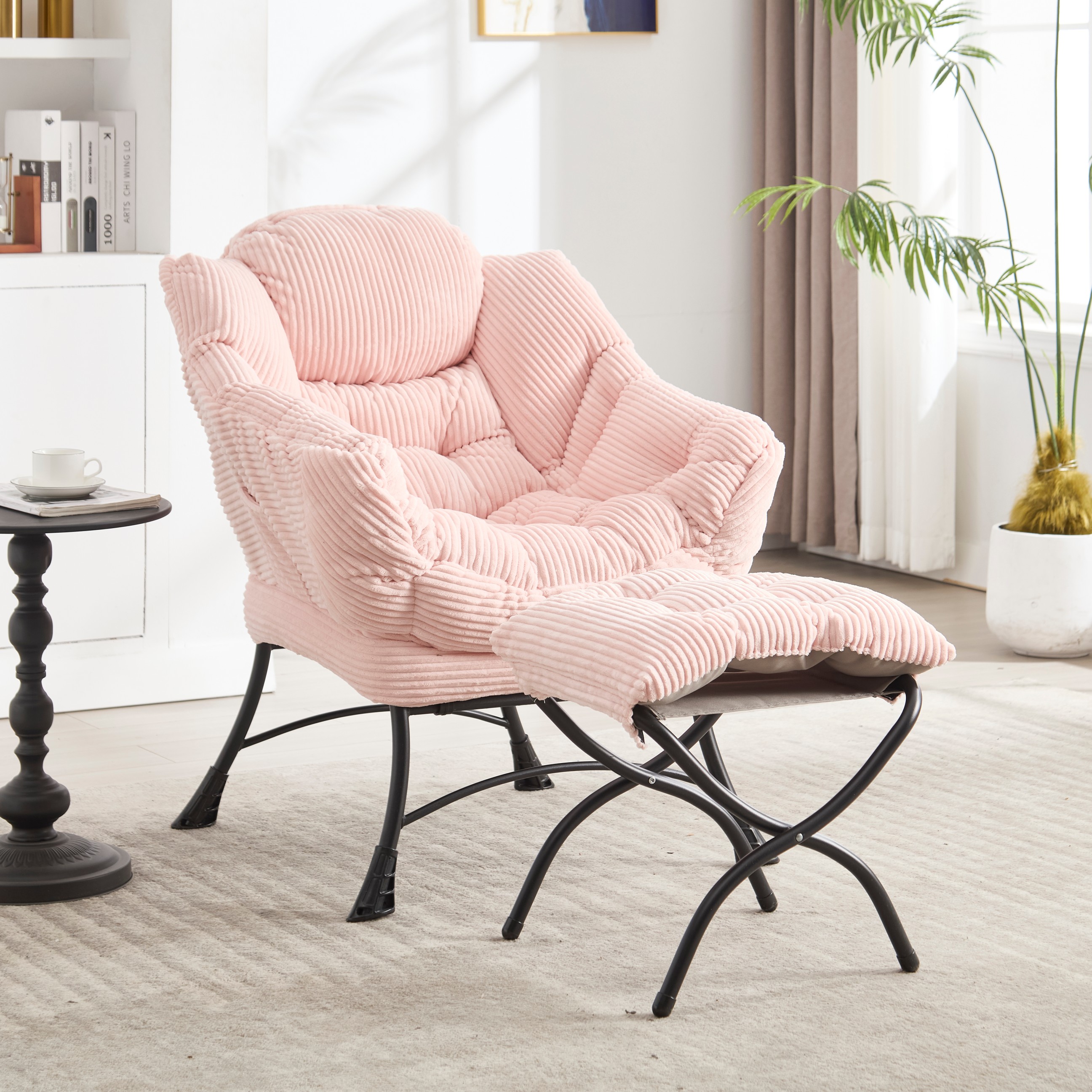 LOVMOR SF-Y-W640P271557 Lazy Chair with Ottoman Modern Lounge Accent Chair with Armrests and a Side Pocket Leisure Upholstered Sofa Chair Reading Chair with Footrest for Small Space Corner Chair in Pink