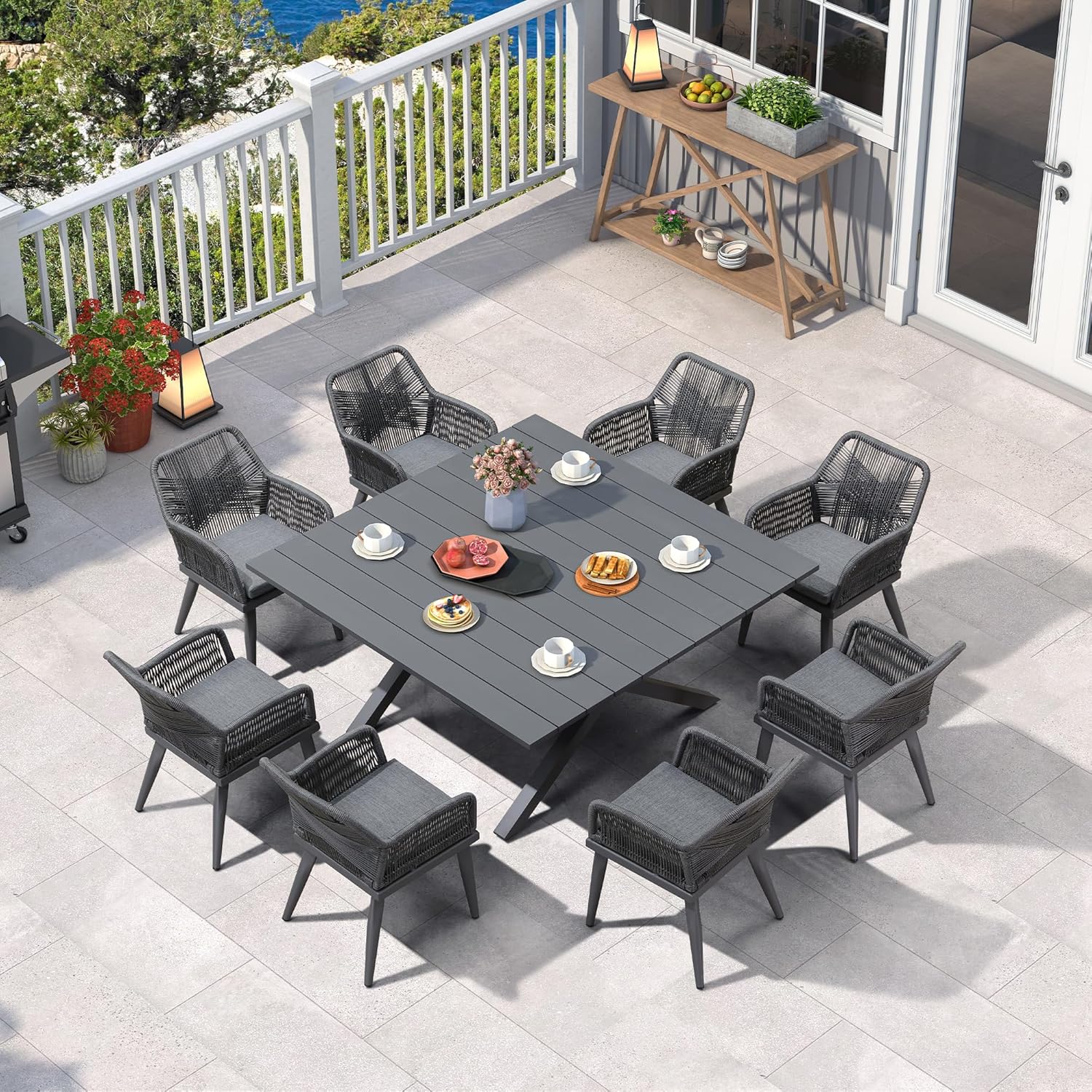 PURPLE LEAF LS01-RVR09-155-GY 9 -Piece 9 pieces-Square Rattan Patio Dining Set Aluminum Square Table with 8 Gray Cushions Stationary Chairs