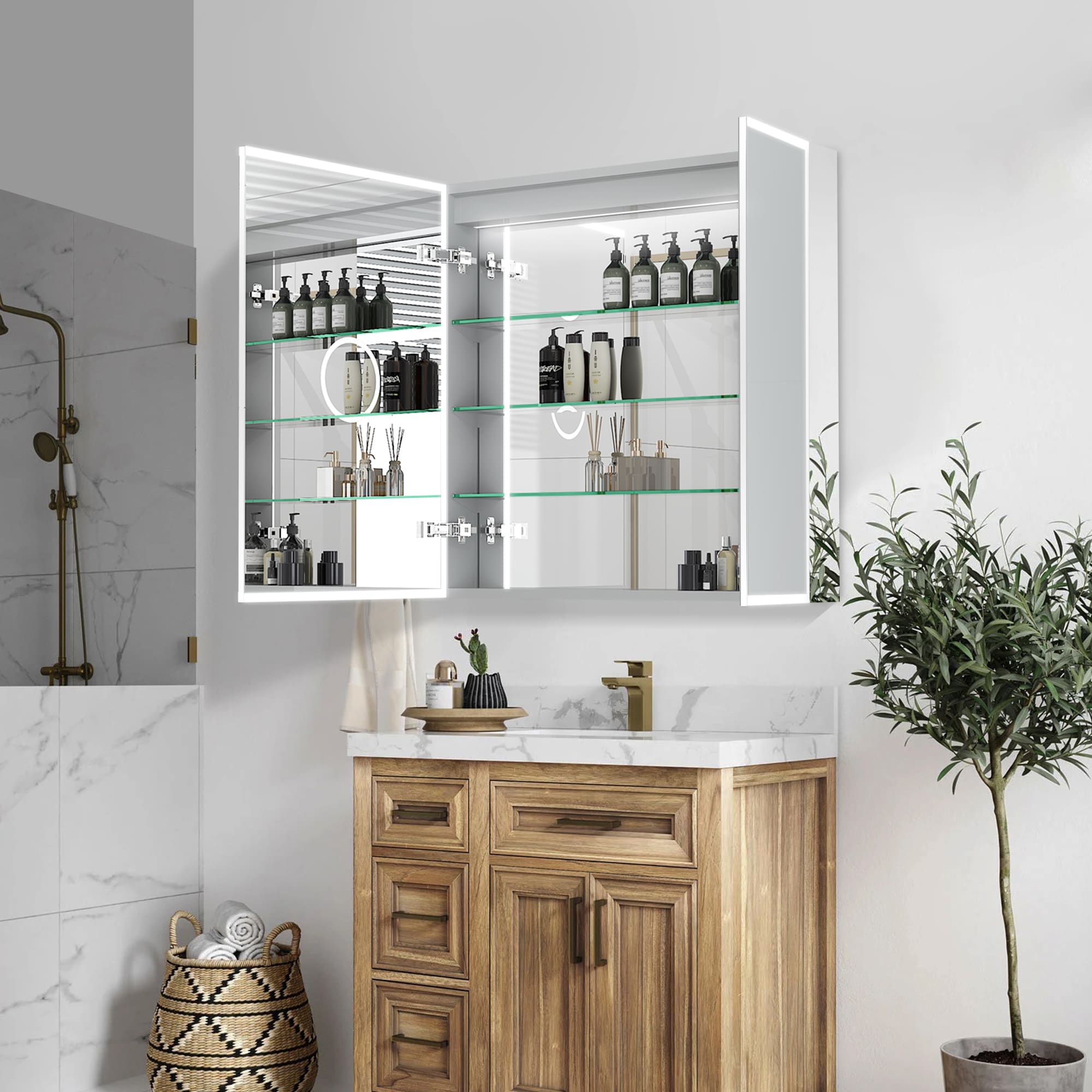 Forclover Dimmable Mirrored LED Bathroom Medicine Cabinet 30-in x