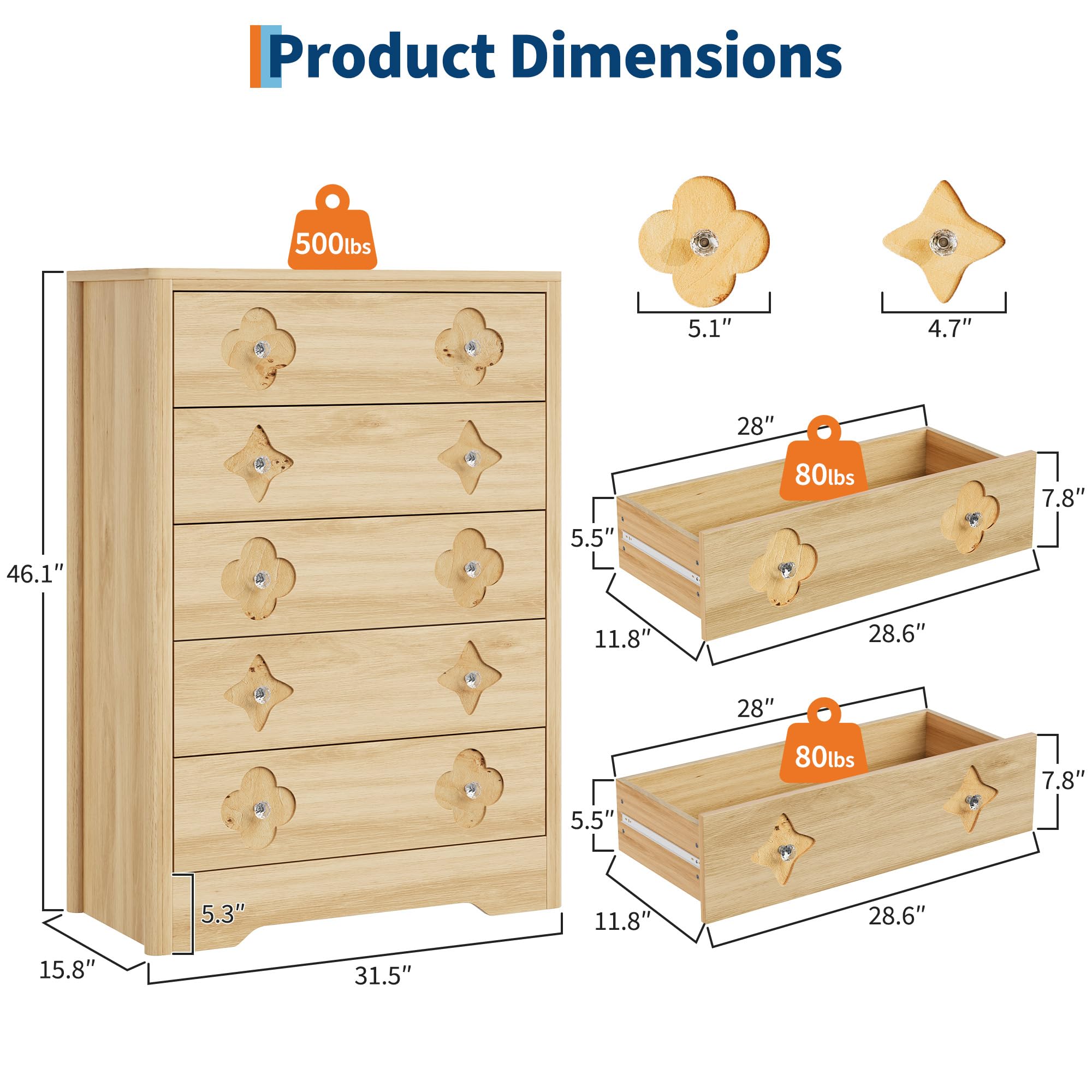 GarveeLife Drawer Tall Dresser for Bedroom 45in Boho Chest of Drawers ...