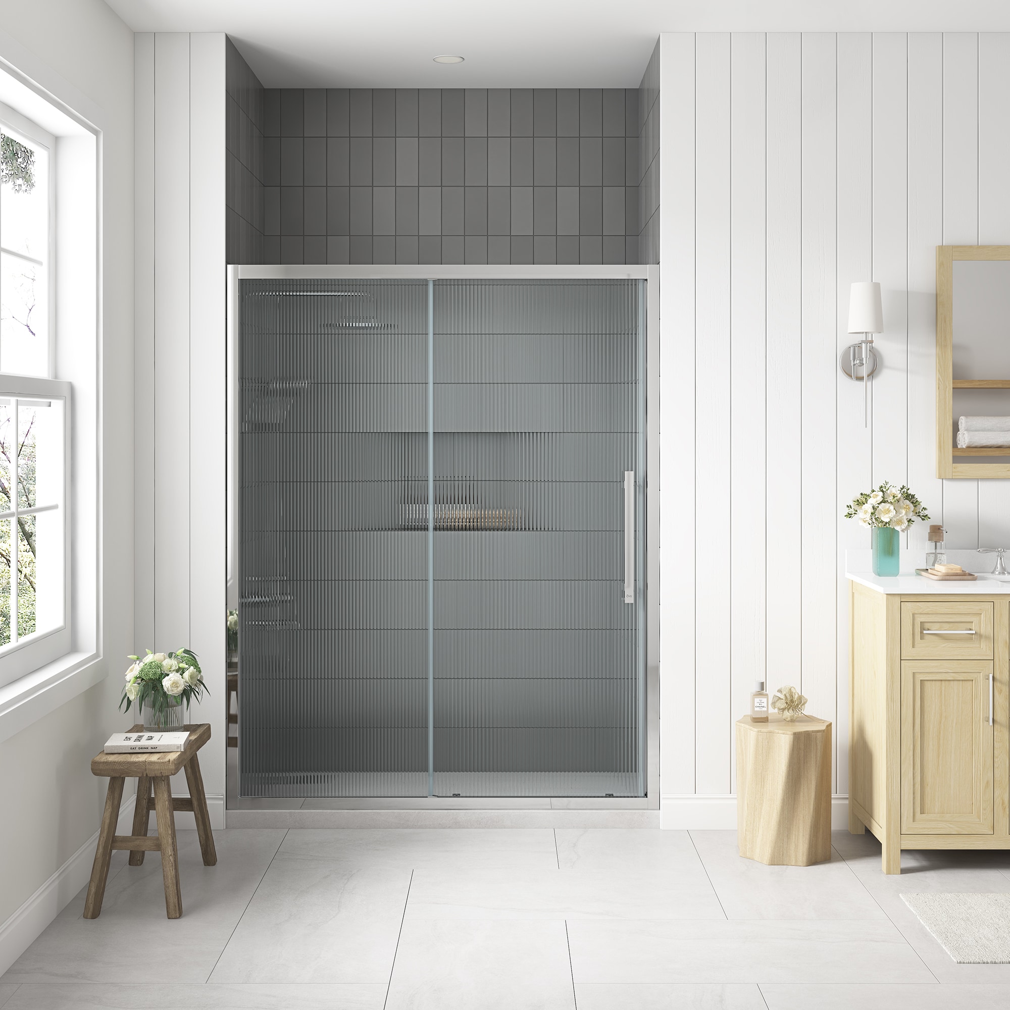 OVE Decors 15SGP-VENF60-CHR Venice Chrome 55-in to 60-in W x 73.23-in H Framed Sliding Shower door 5/16-in Thick Fluted Glass
