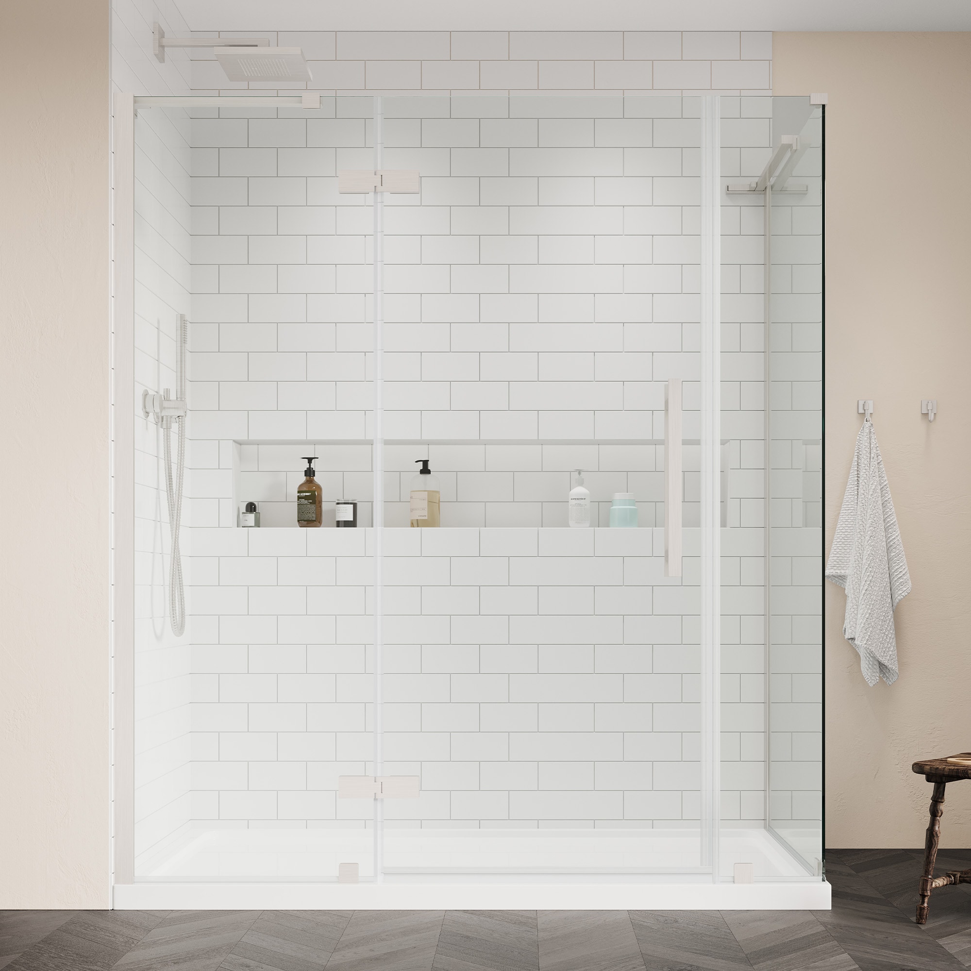 OVE Decors 828796062381 Tampa 60-in W x 32-in L x 75-in H Rectangular Corner shower kit ( Reversible Drain) Base and Door Brushed stainless steel Hardware Included