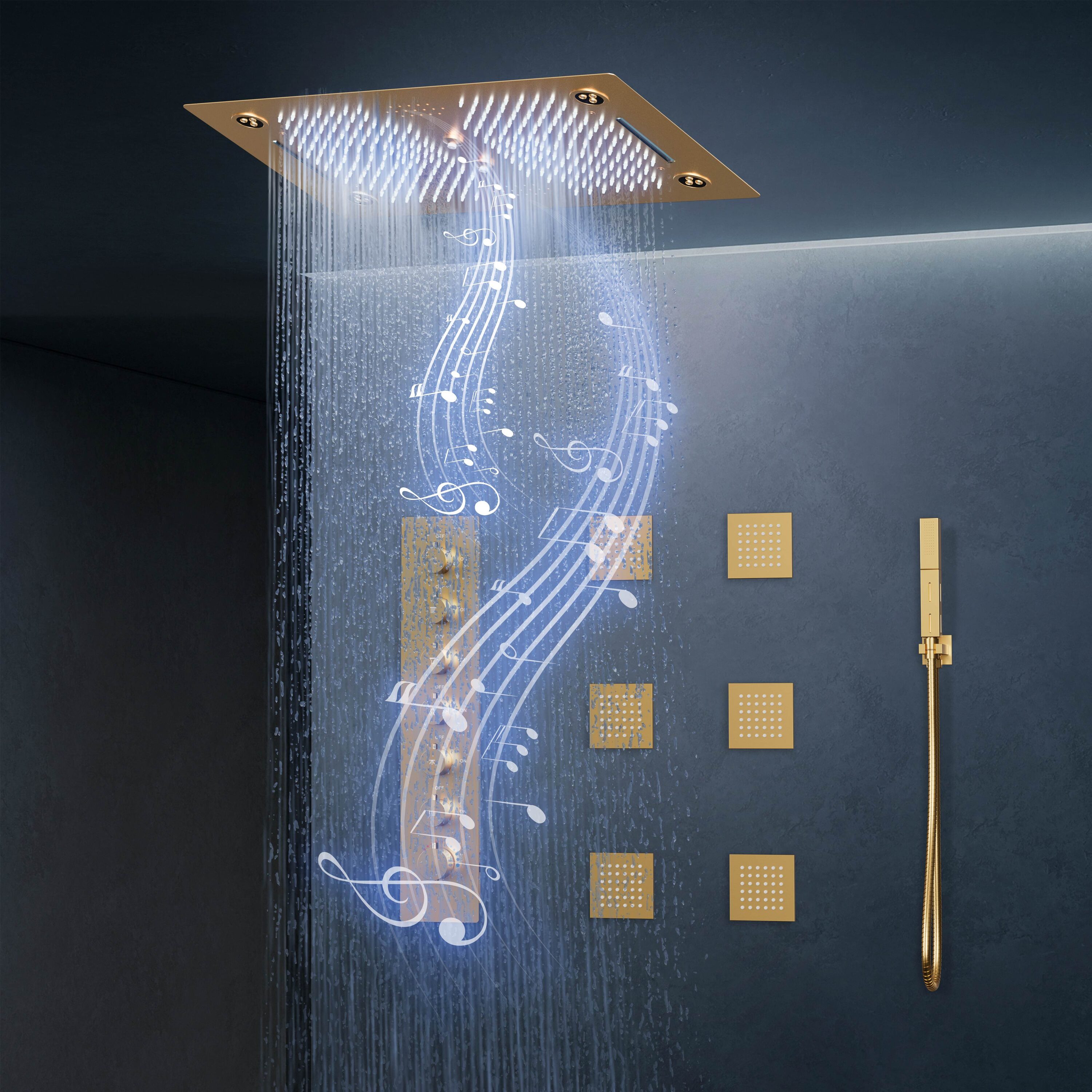 EVERSTEIN SFS-1029-GD 6-Spray 16 in. x 28 in. Dual Shower Head LED Ceiling Mount Fixed and Handheld Shower Head in Brushed Gold