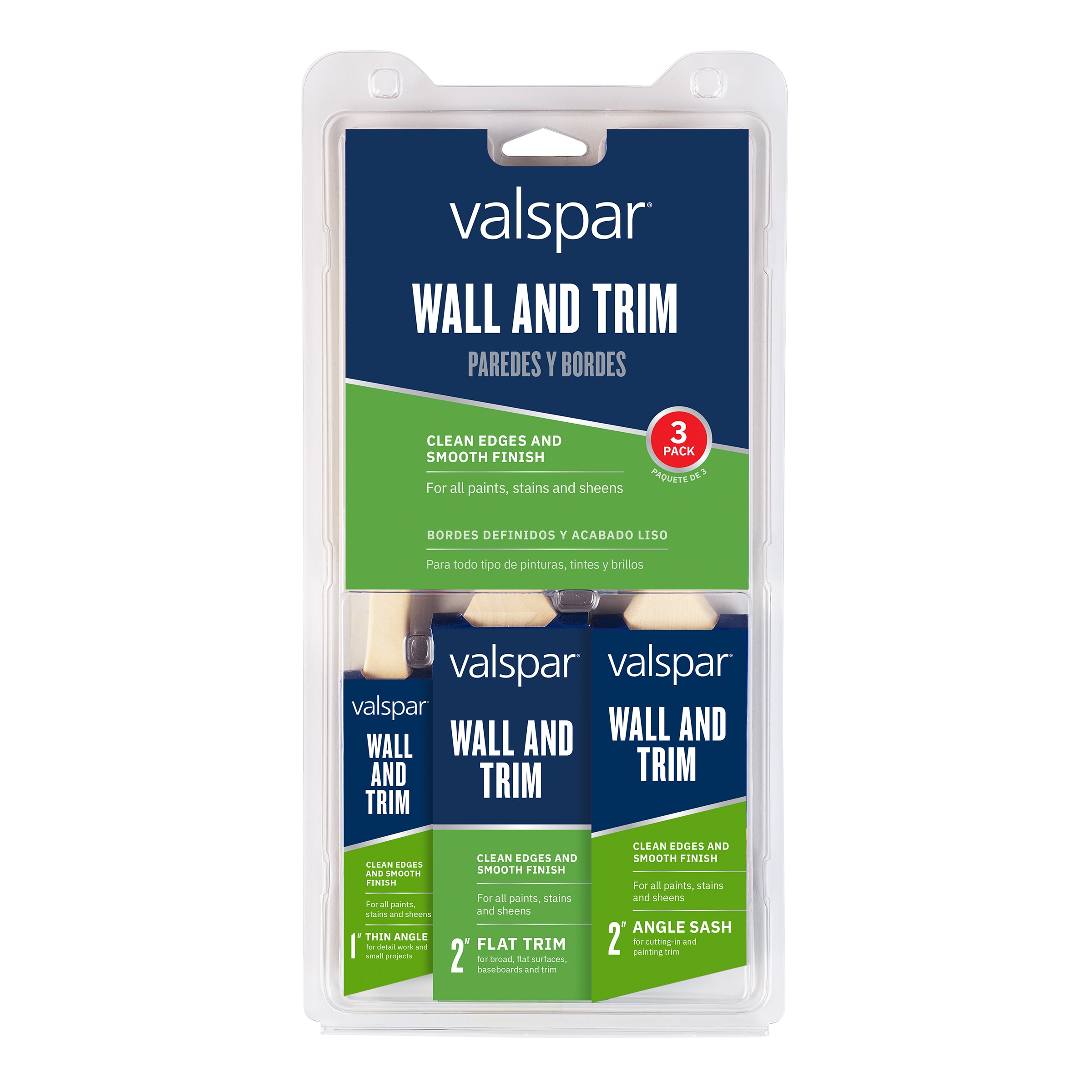 Valspar 882569300 Wall and Trim Multiple Sizes Reusable Polyester Flat and angle Brush set 3 -Pack