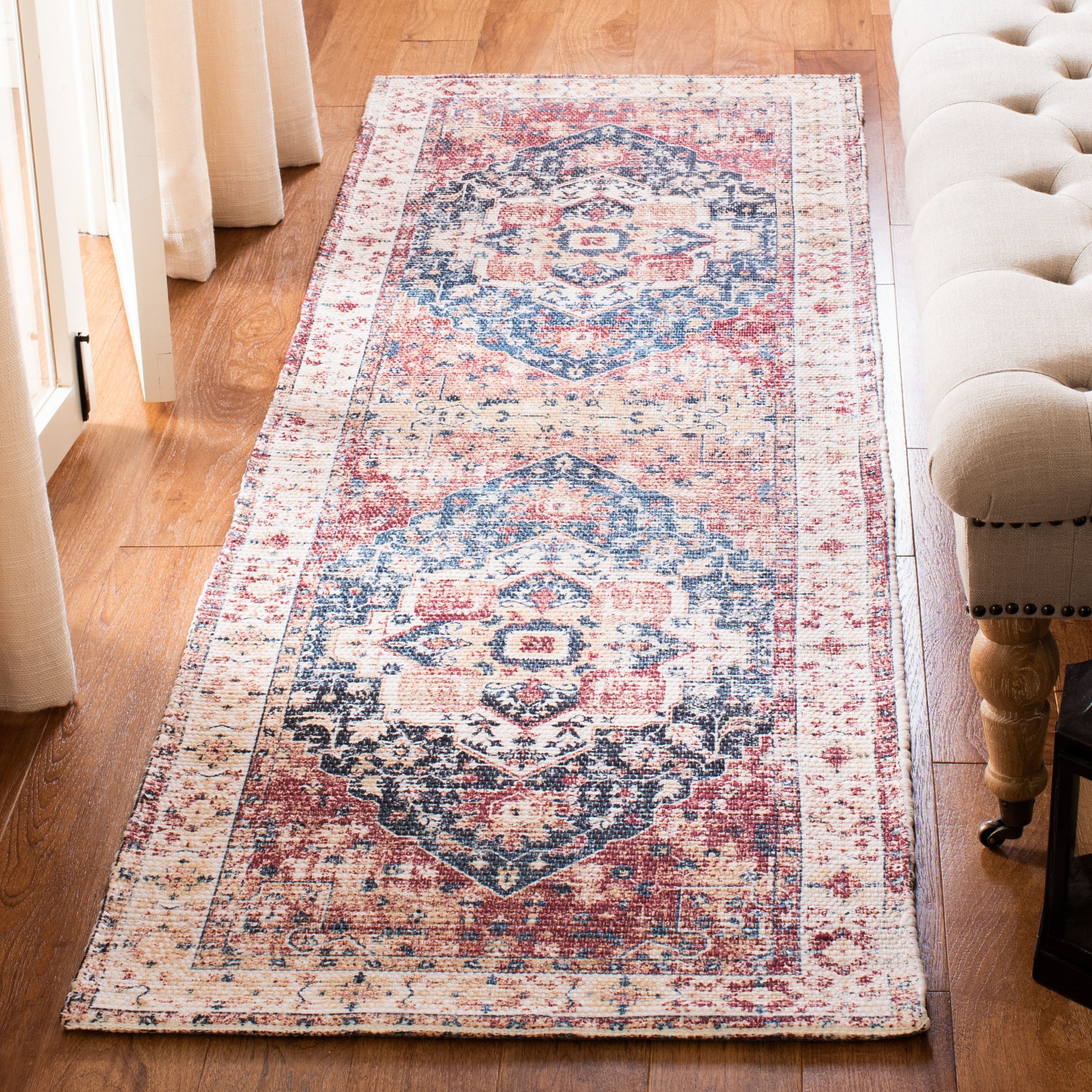 Safavieh SFN389B-28 Saffron Frida 2 x 8 (ft) Loomed Polyester Beige/Blue Rectangular Indoor Distressed/Overdyed Vintage Runner rug