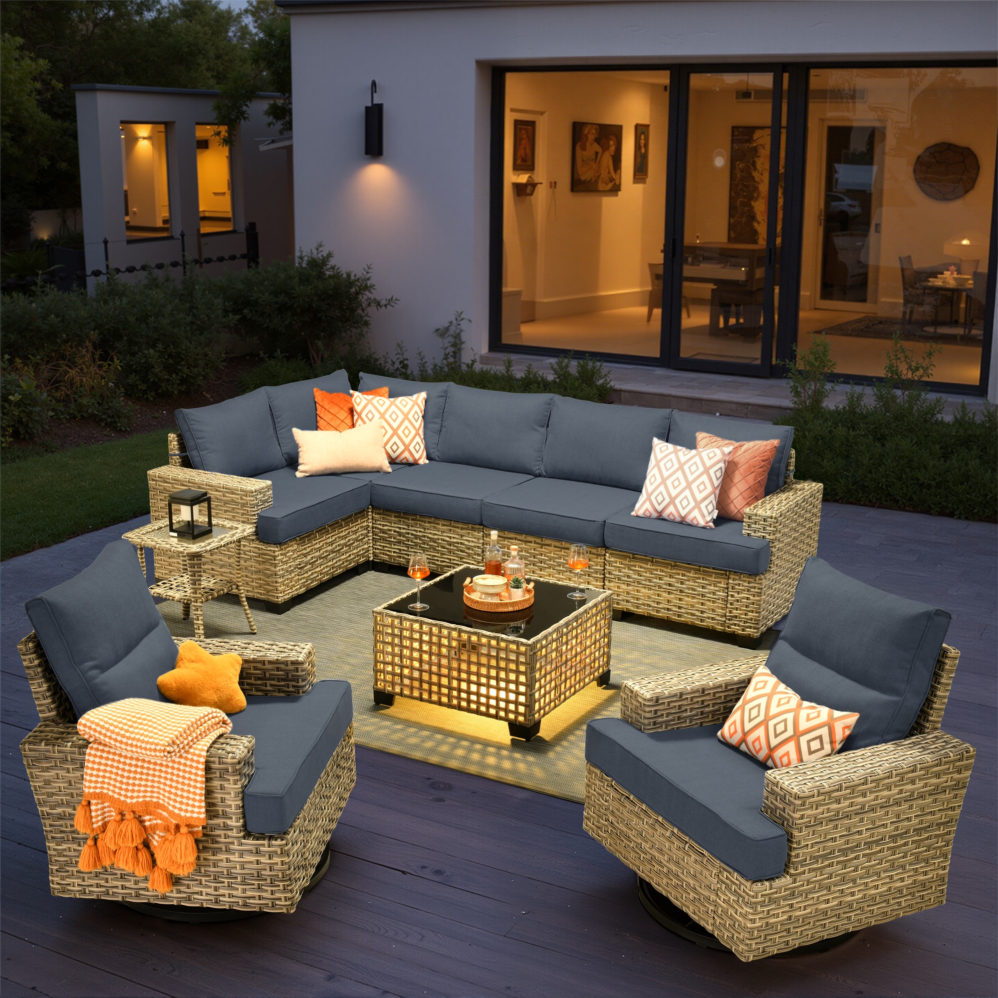 Caodoc L5-YZTBS5092-1 YZTBS Rattan Outdoor Sectional with Blue Cushions and Wicker Frame