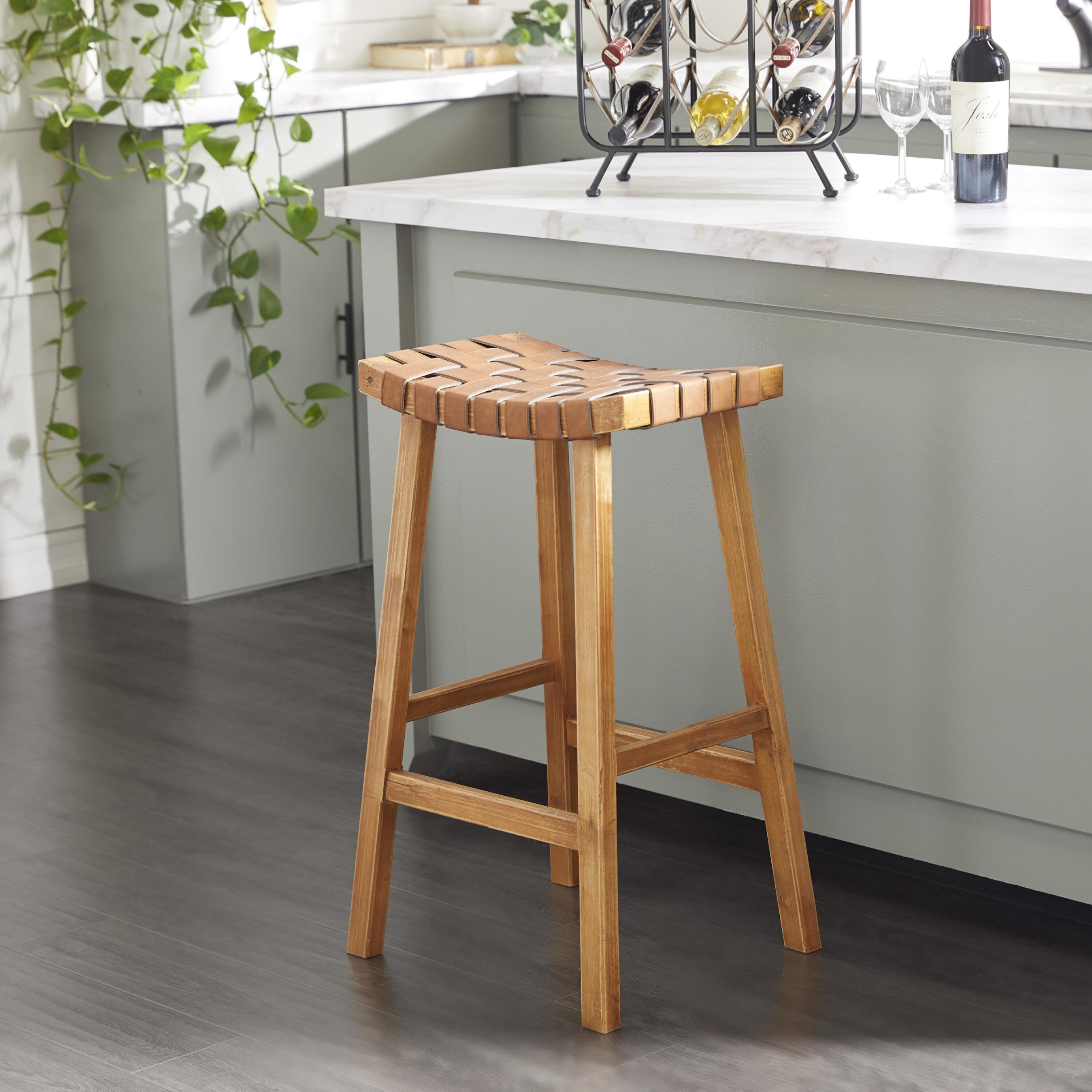 Grayson Lane 35891 Brown Handmade with Woven Seat 29-in H Bar height (28-in to 33-in) Round Seat Wood Bar Stool