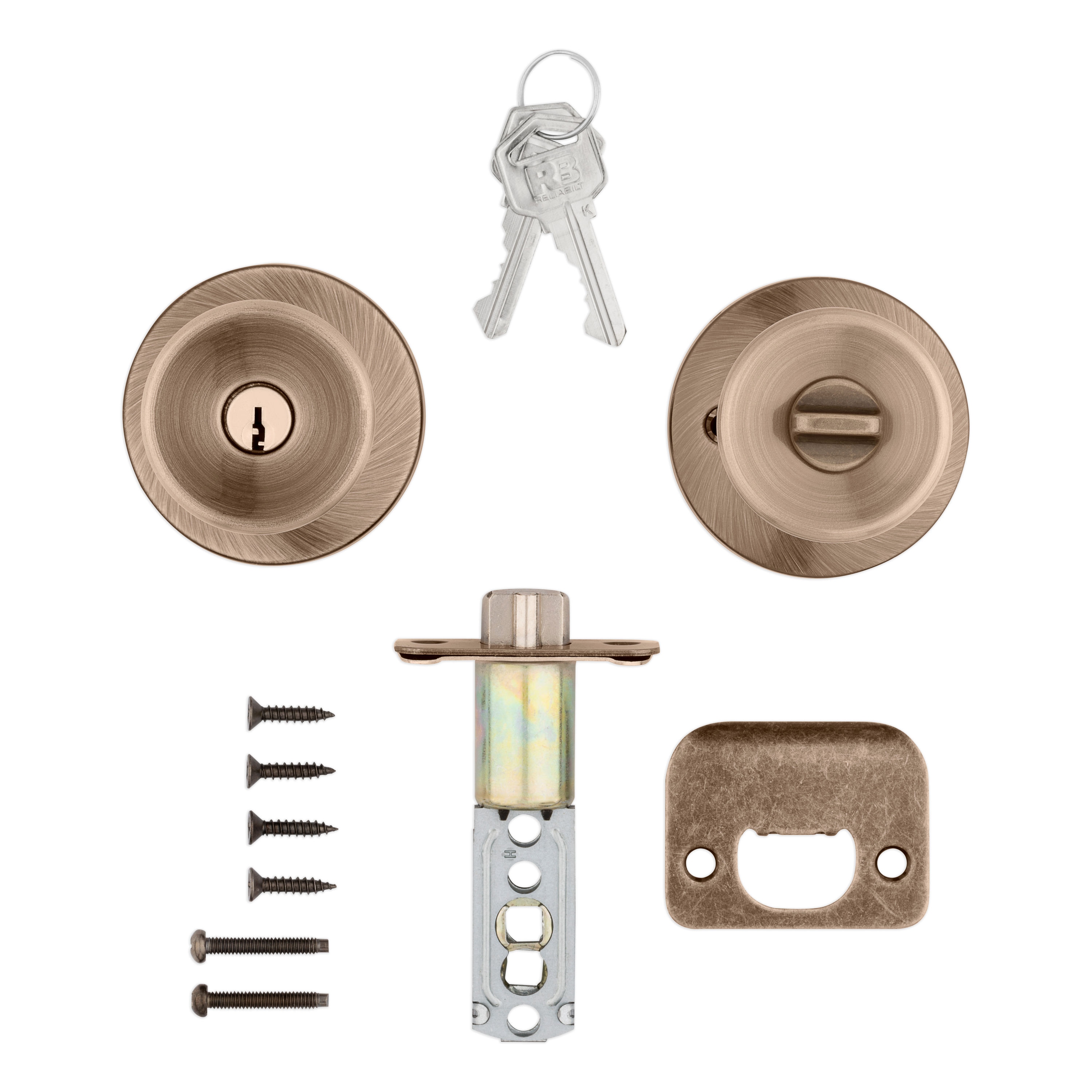 Shop RELIABILT Gallo Exterior Keyed Entry Door Knob with Single Cylinder  Deadbolt and matching 3-1/2-in H x Square Interior Door Hinge Set in  Antique Brass Finish at