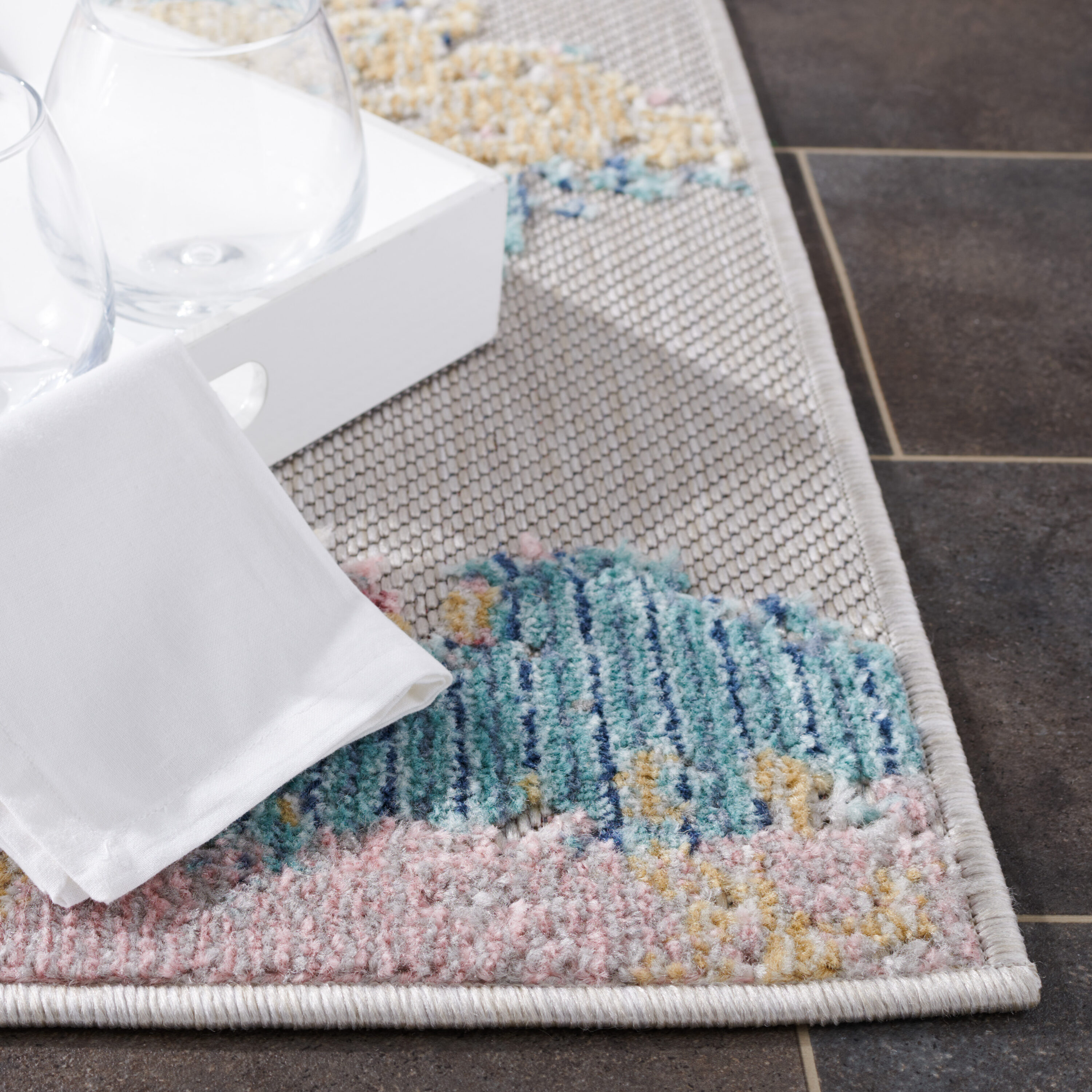 Aqua and Pink Geometric Synthetic Indoor/Outdoor Area Rug