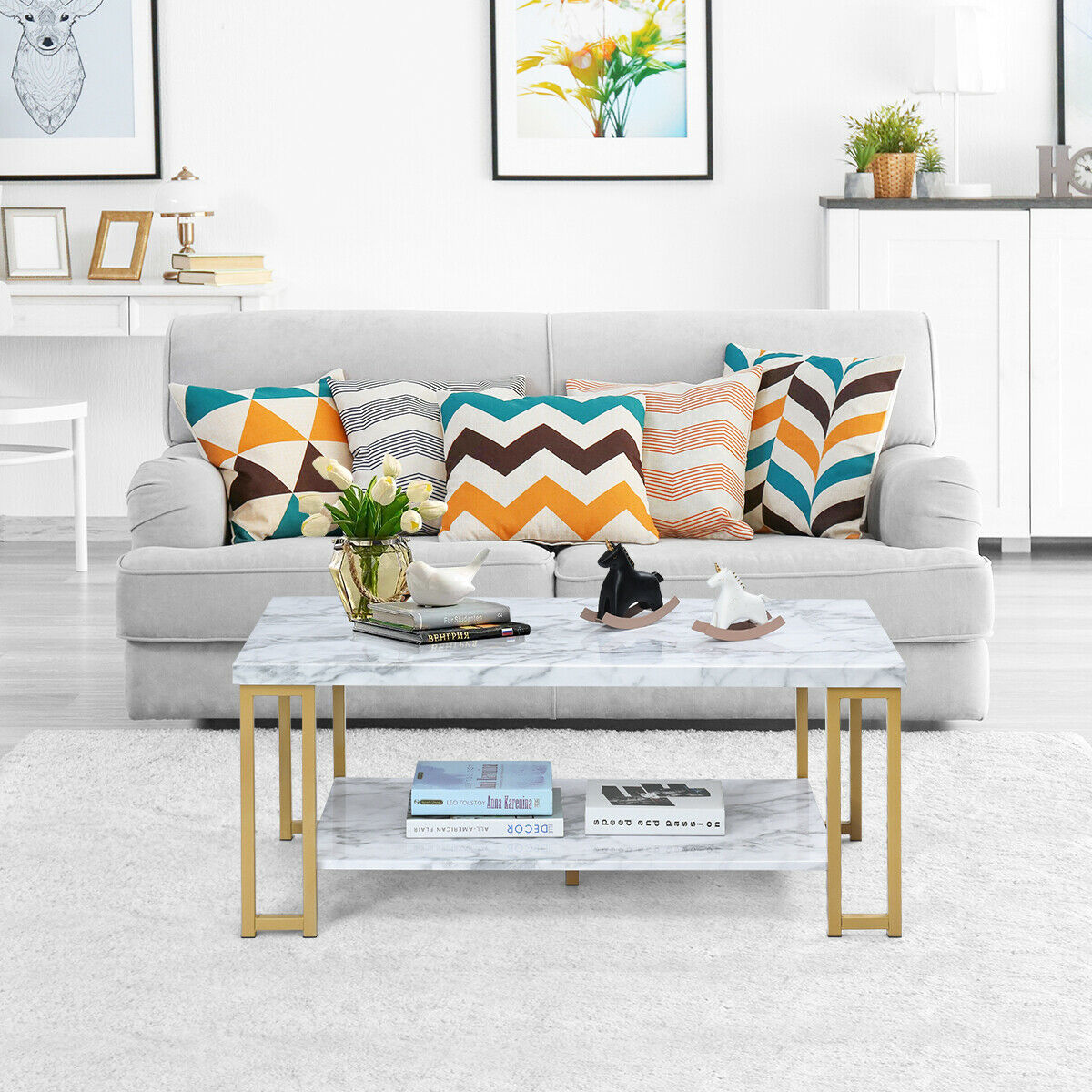 Elegant 46" Rectangular Wood and Faux Marble Coffee Table with Storage