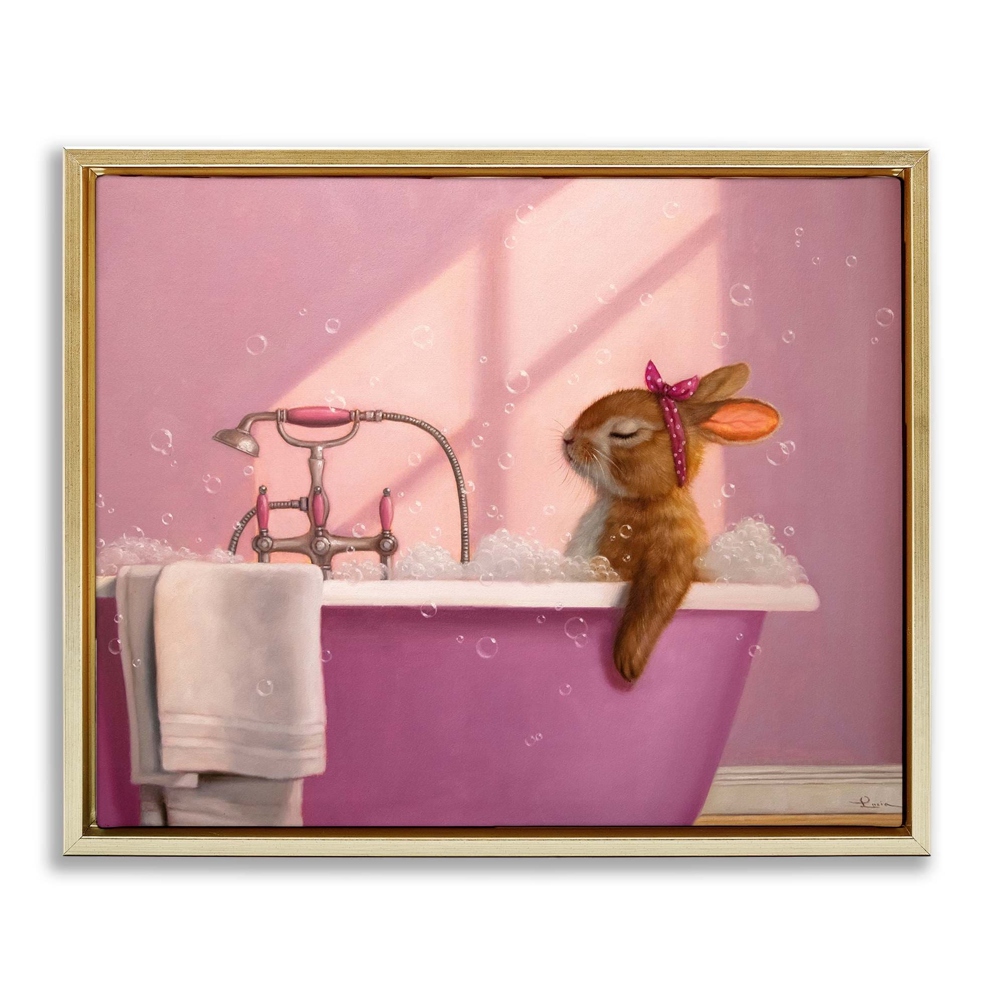 Stupell Industries BS-766-FFG-16X20 Bunny in Pink Relaxing Bath Floating Frame design by Lucia Heffernan