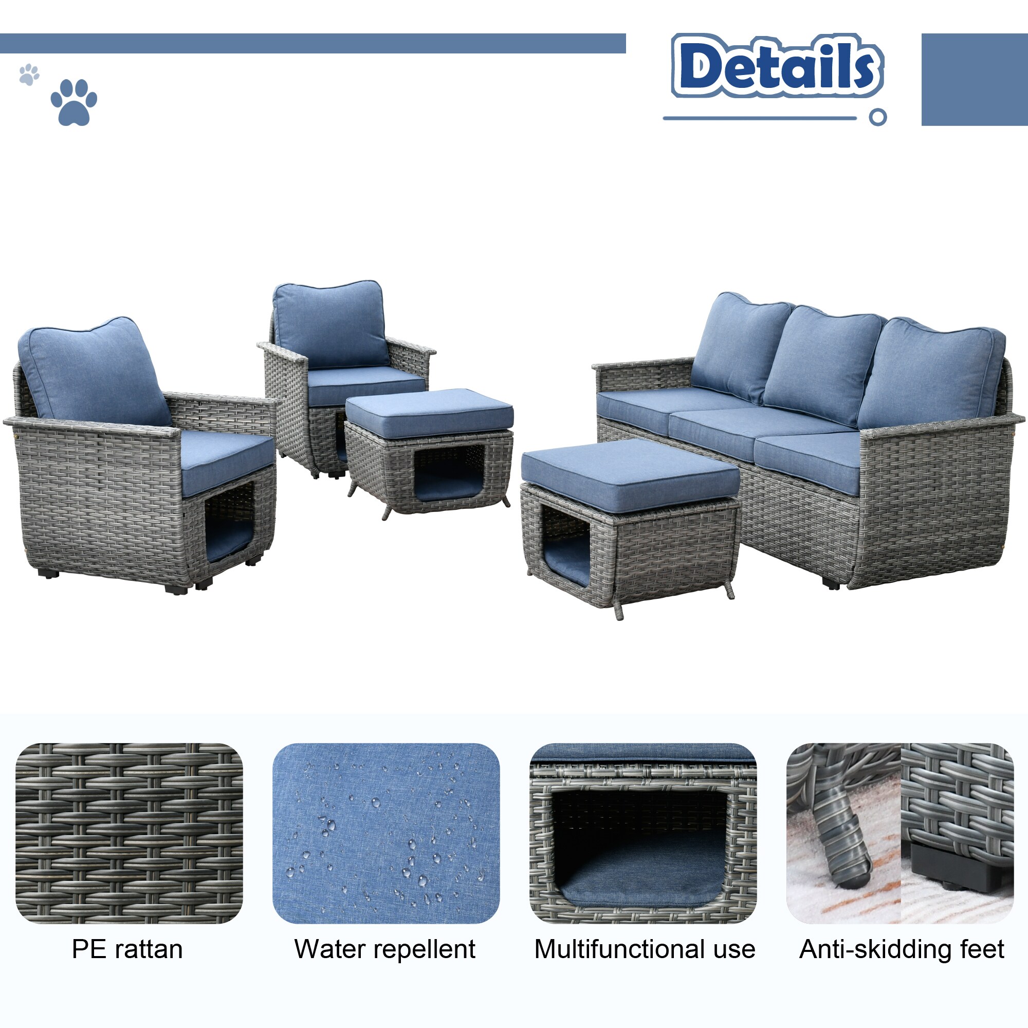 Pouuin 5-Piece Rattan Patio Sofa Conversation Set with Blue Cushions in ...