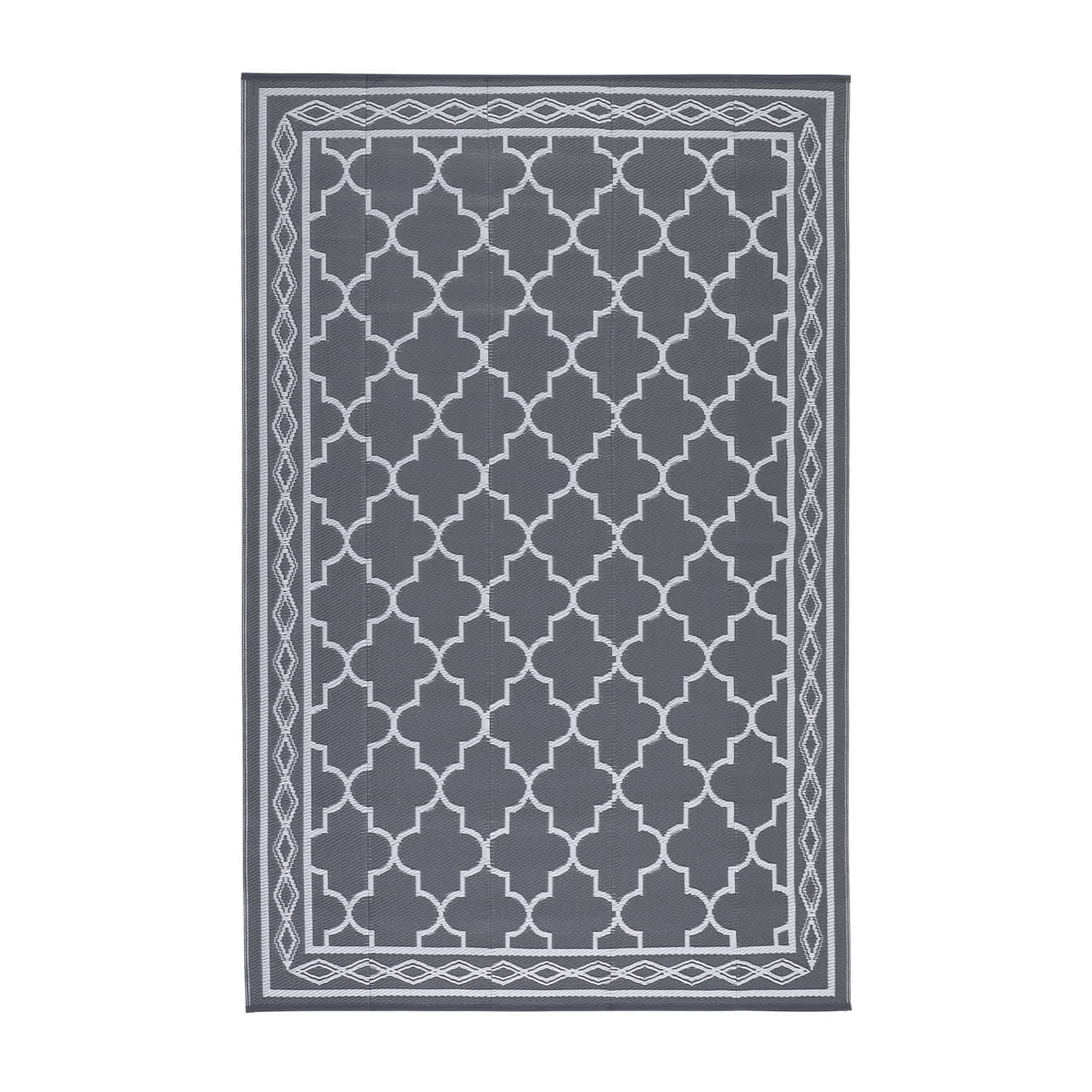 Qeetex LSN-PHO-0ZTKGOUD 5 x 8 ft Plastic Gray and White Rectangular Beach Front Porches Patio Picnic RV Camping Garage Rhomb Border Modern Moroccan Area Rug