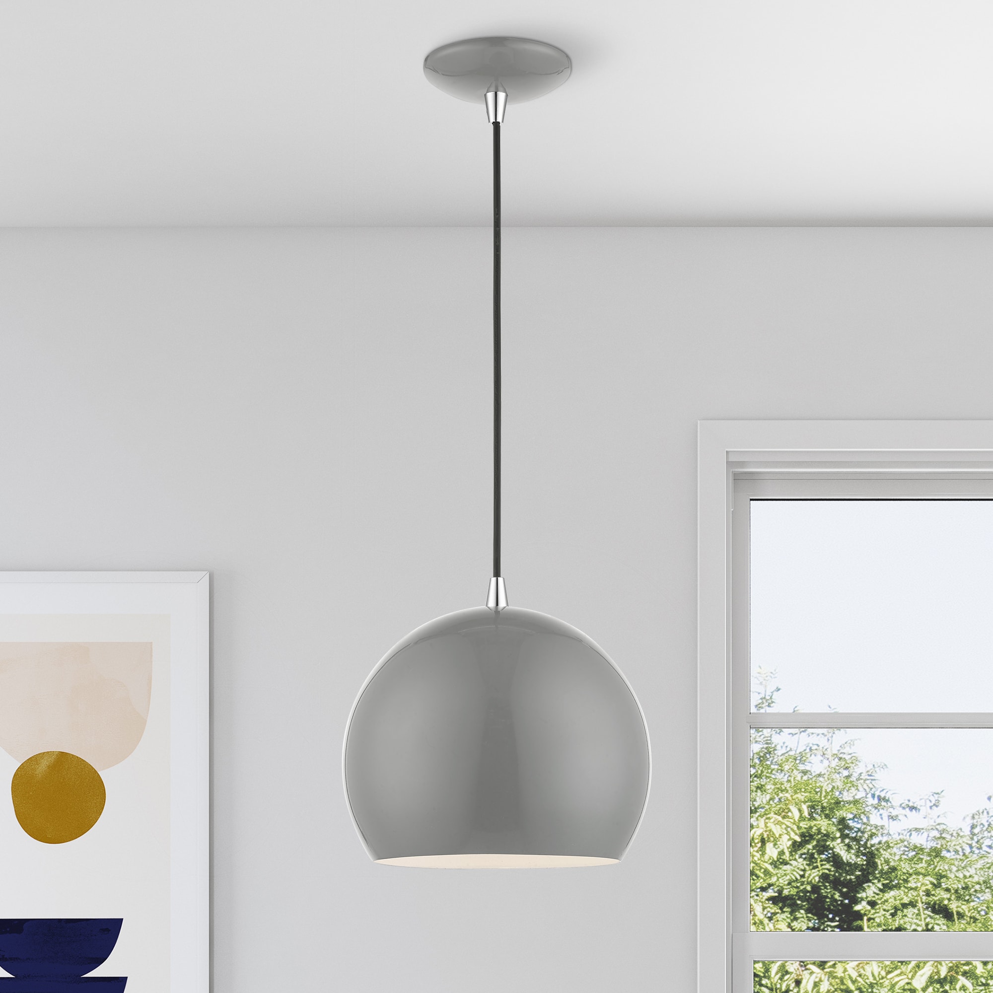 Shiny Light Gray Aluminum Globe Pendant with Chrome Accents