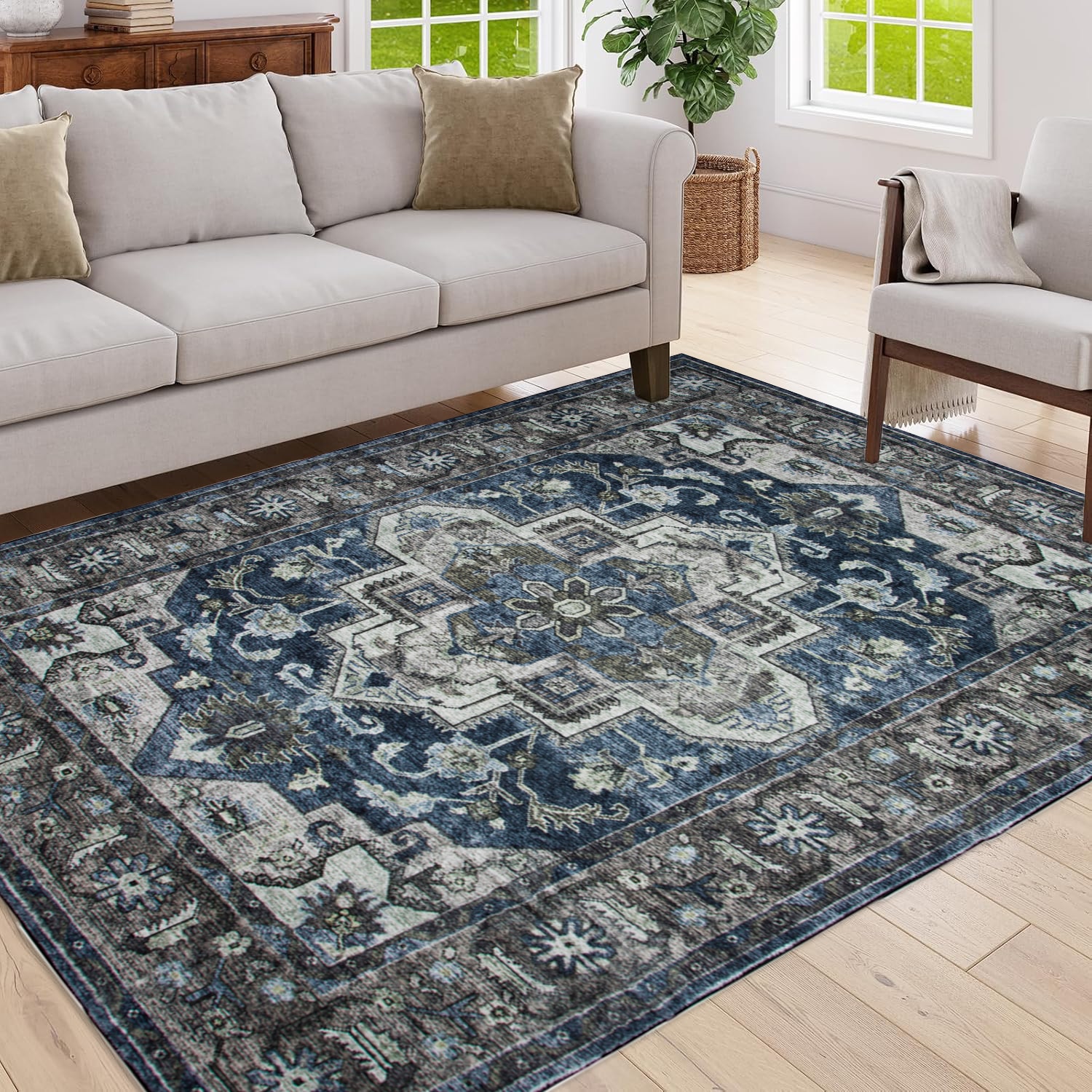 LOVMOR SF-H-B03599284 Area Rug 5x7 Vintage Bohemia Non slip Washable Rug For Living Room Kitchen Bedroom Living Room Flower Design Blue Brown