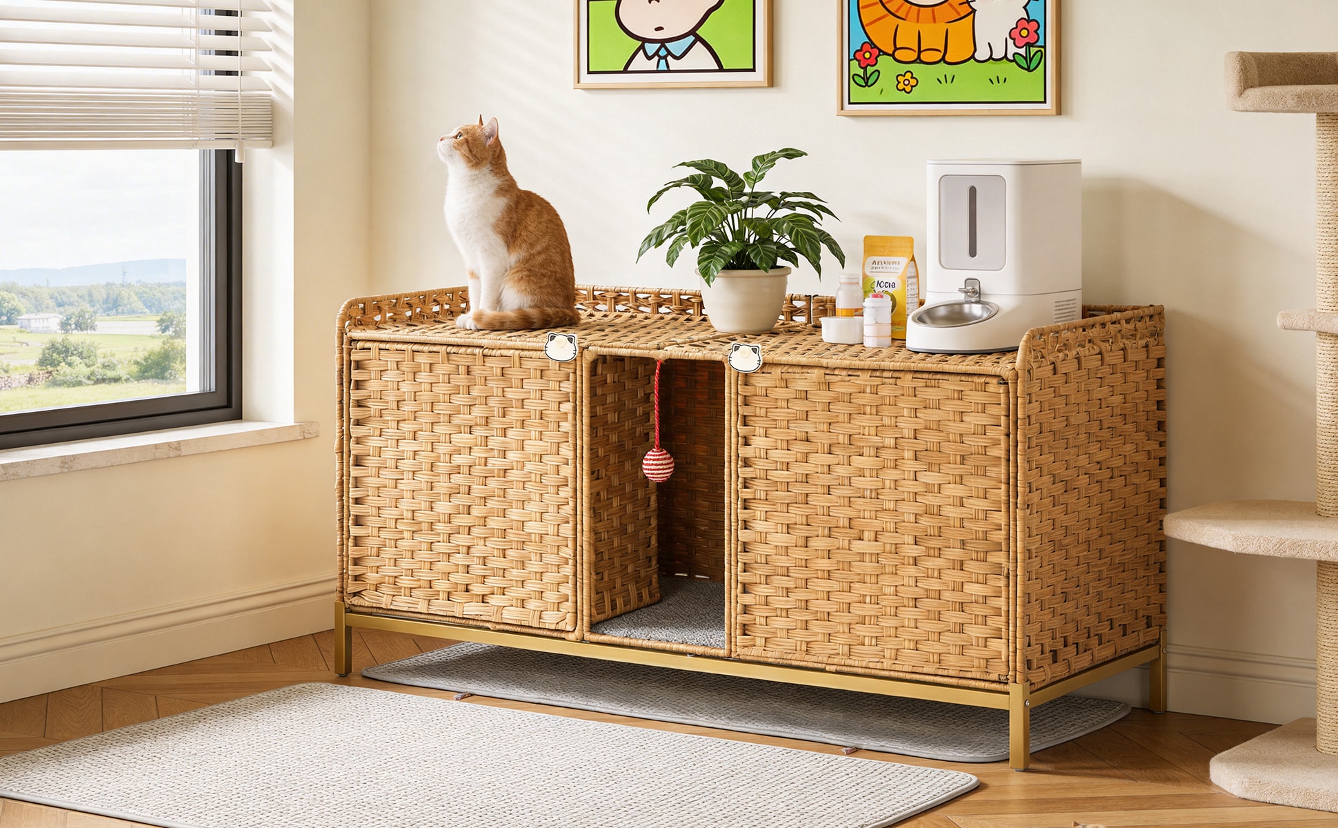0 - Double Cat Litter Box Enclosure Furniture  Hidden Rattan Litter Box Cabinet for 2 Cats with R...