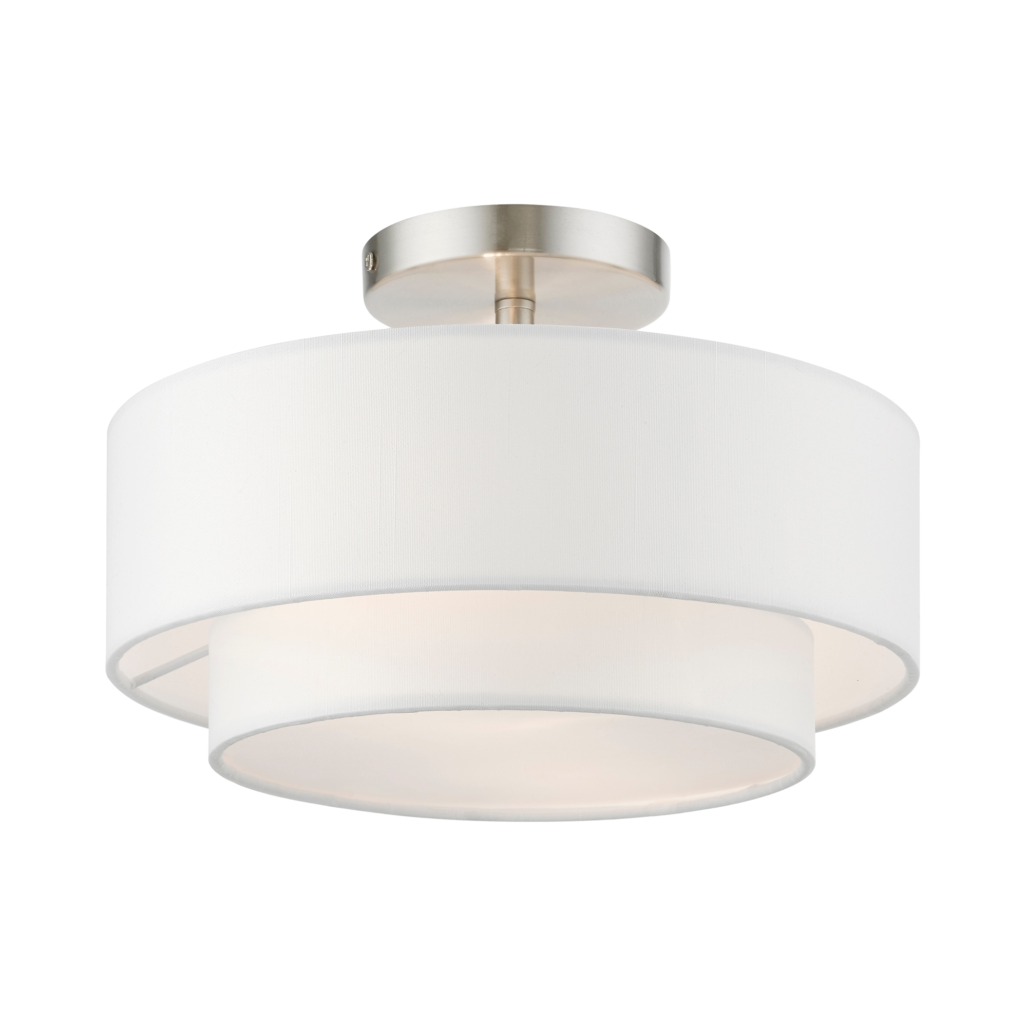 Sleek Brushed Nickel 2-Light Semi-Flush Mount with Off-White Drum Shade