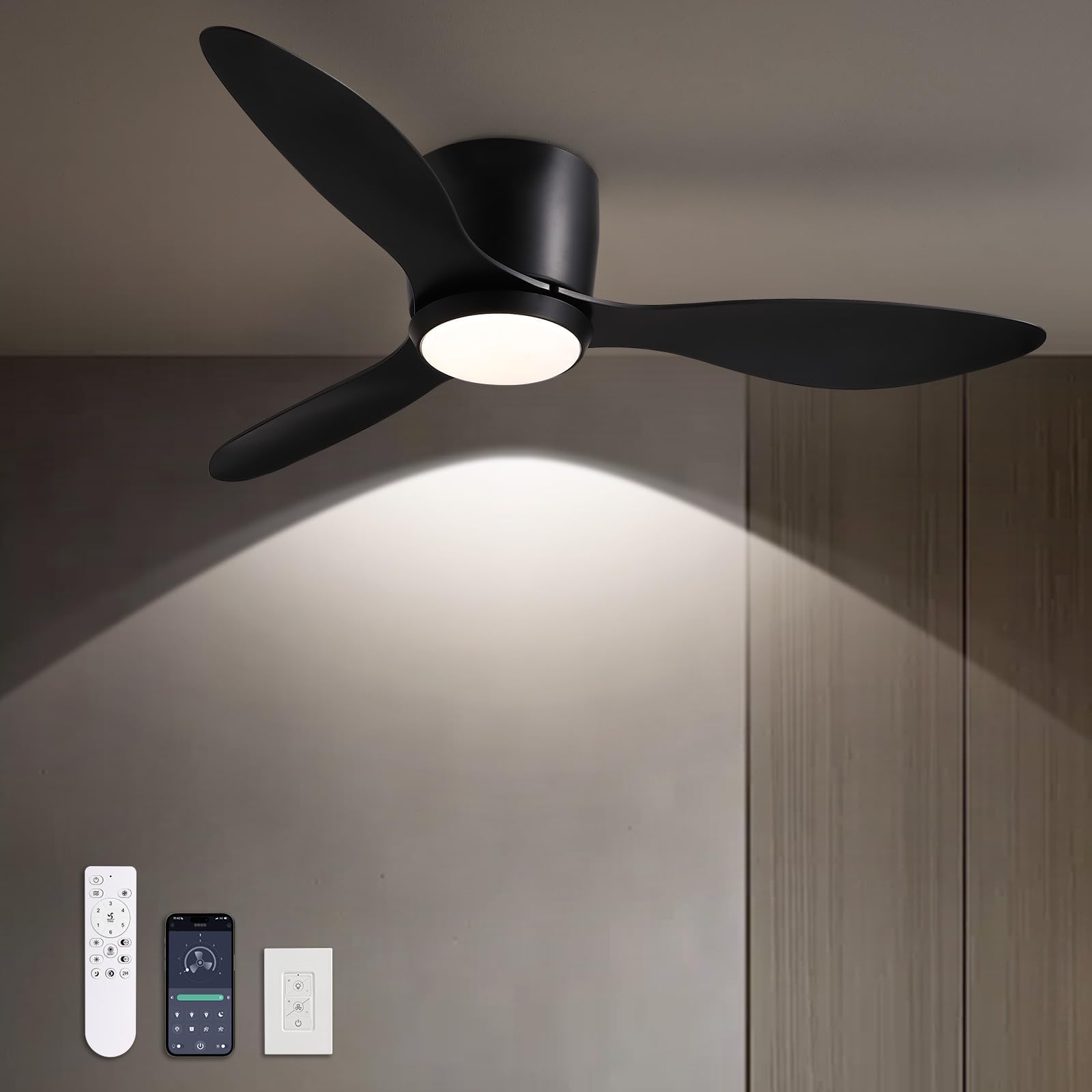 SILJOY CFL-1212-01 Flush mount Ceiling Fan with Light and Remote Control Include