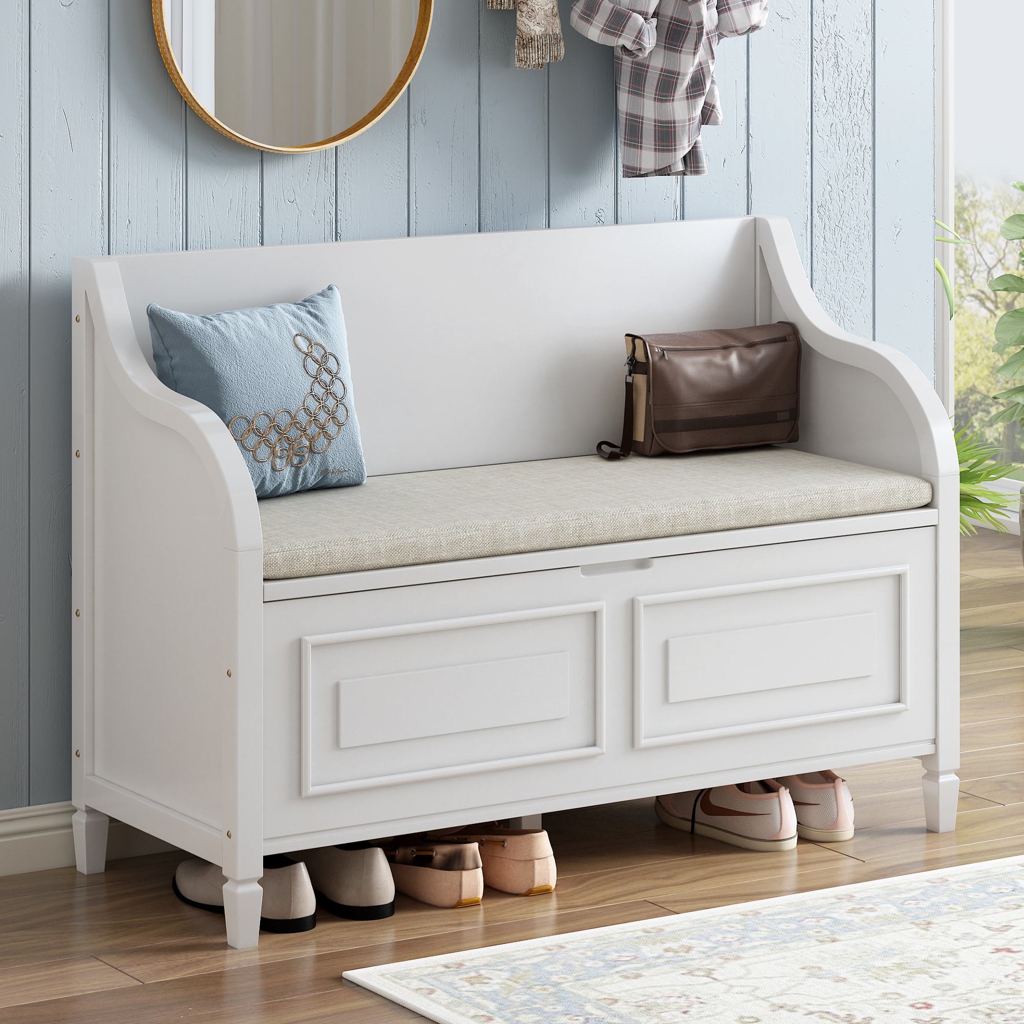 ModernLuxe WF317032AAK Rustic Style Solid wood Entryway Multifunctional Storage Bench with Safety Hinge White Beige