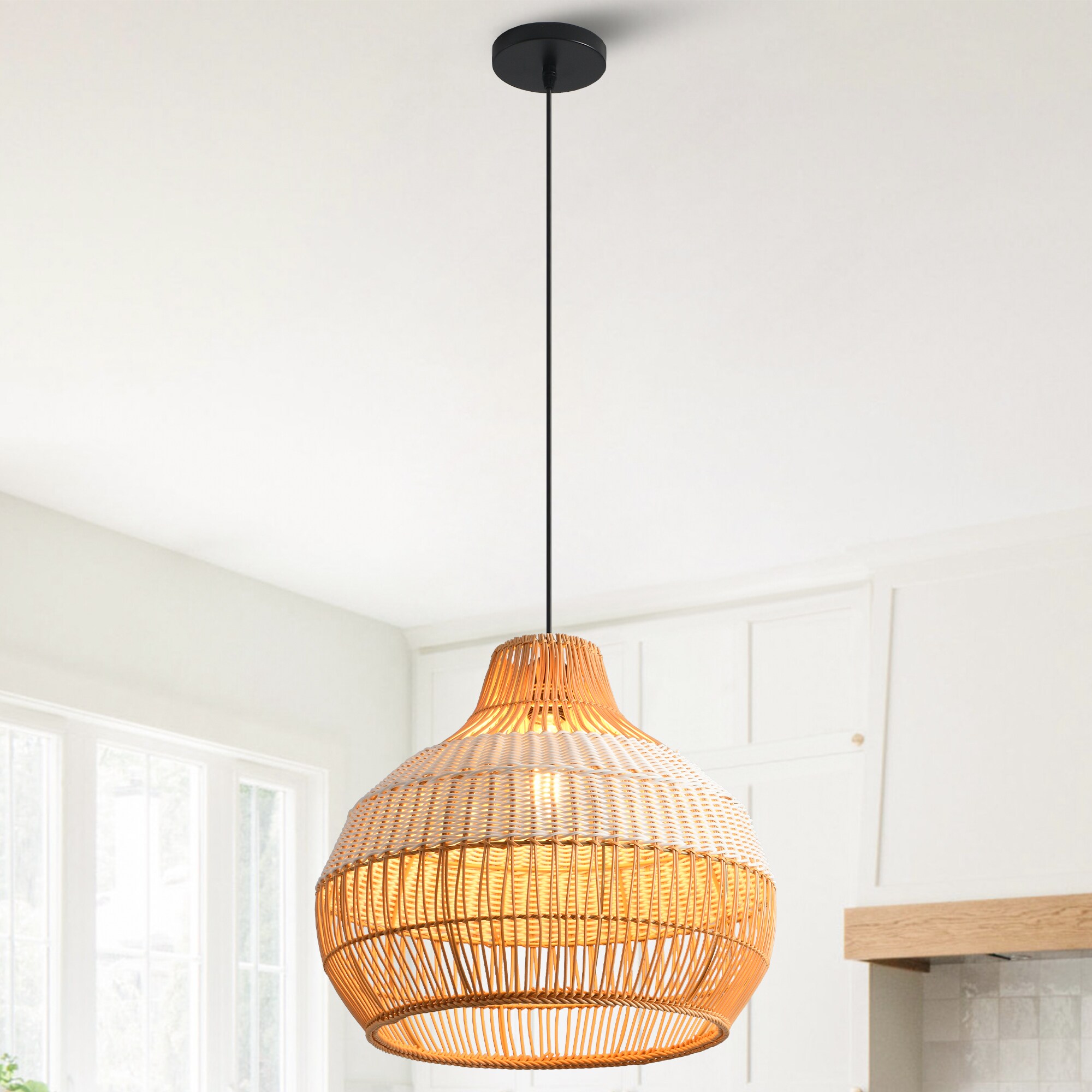 Parrot Uncle 1 -Light Black Farmhouse Rattan Globe Medium Hanging Pendant Light
