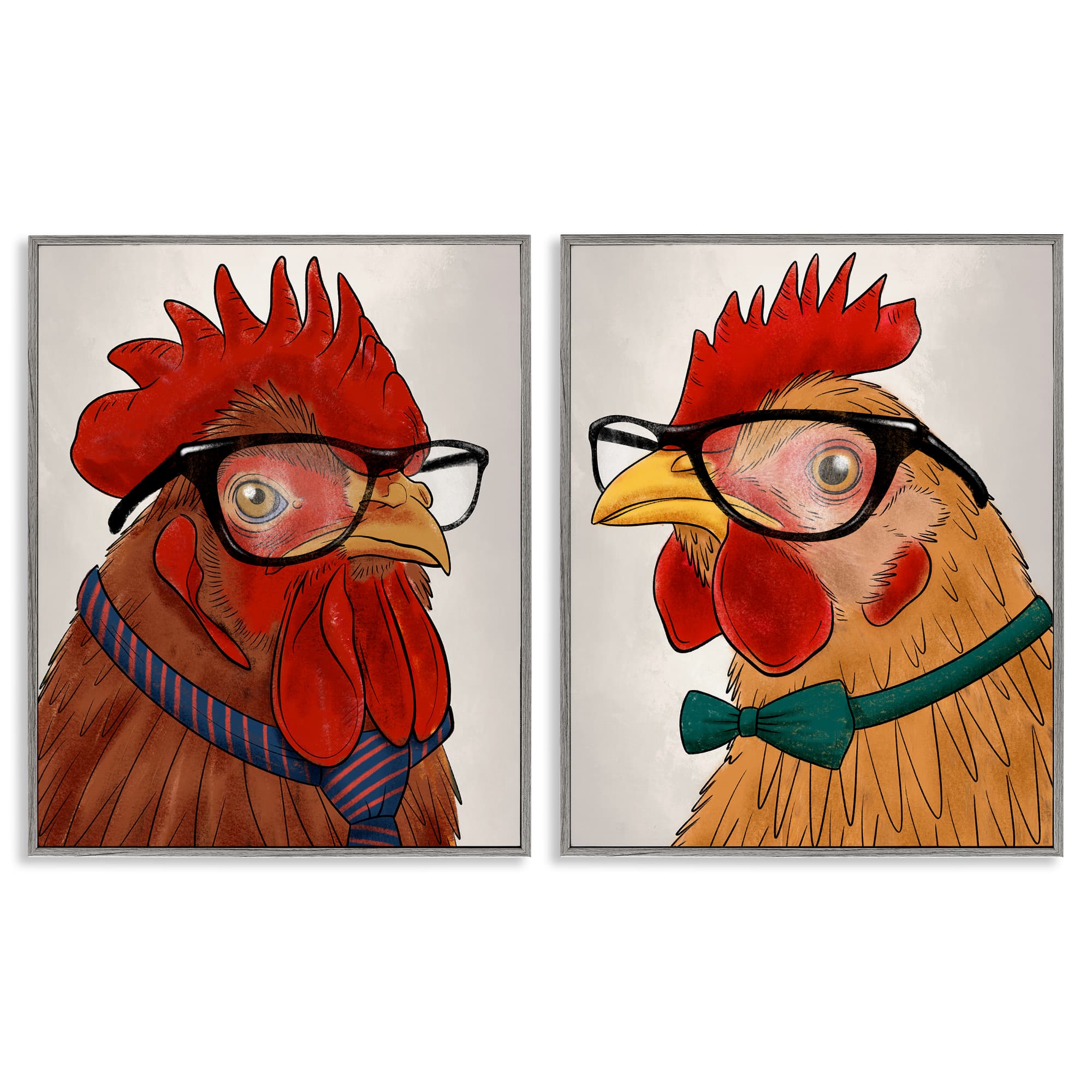 Stupell Industries B2-721-GFF-2PC-24X30 Quirky Hipster Roosters 2pc Framed Giclee Set Design by Marcus Prime