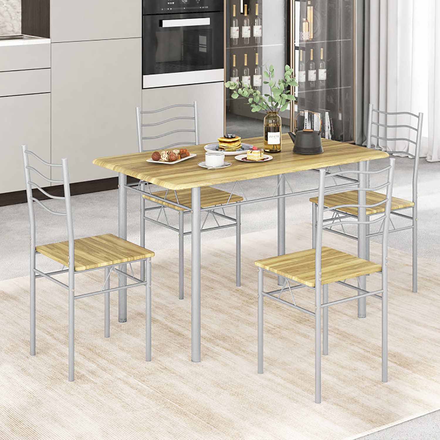 Walnut and Silver Metal 5-Piece Dining Set with MDF Chairs