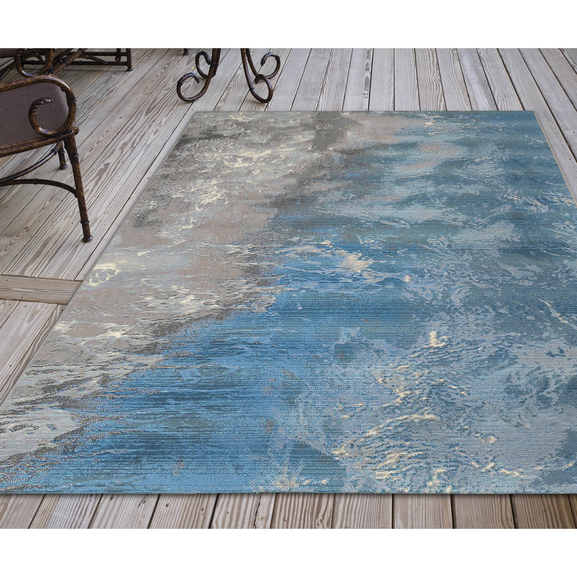 Gray and Blue Abstract Synthetic Rectangular Rug
