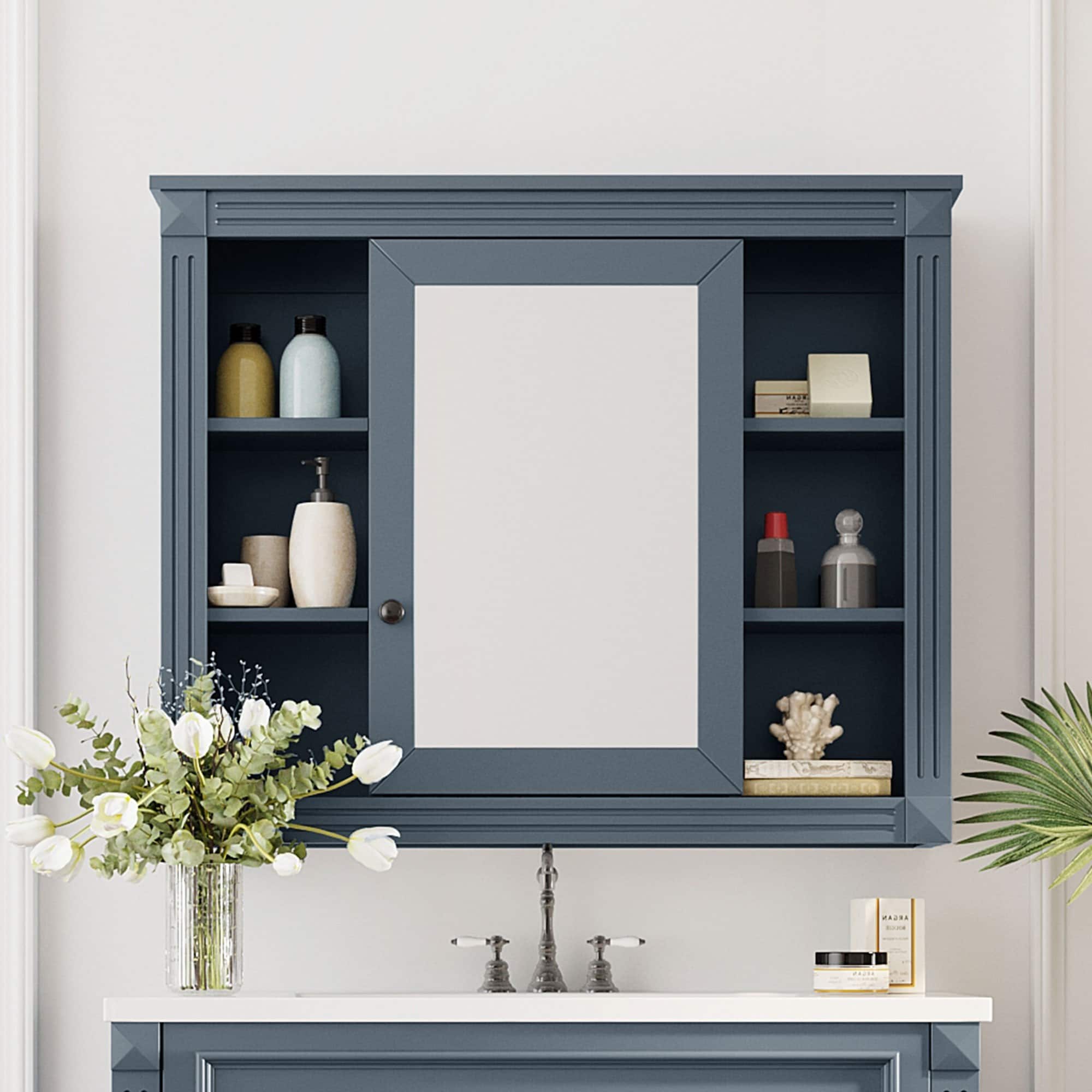 ToolCat BZ-2-139-JYG 35-in x 28-in Surface/Recessed Mount Blue Mirrored Rectangle Soft Close Medicine Cabinet