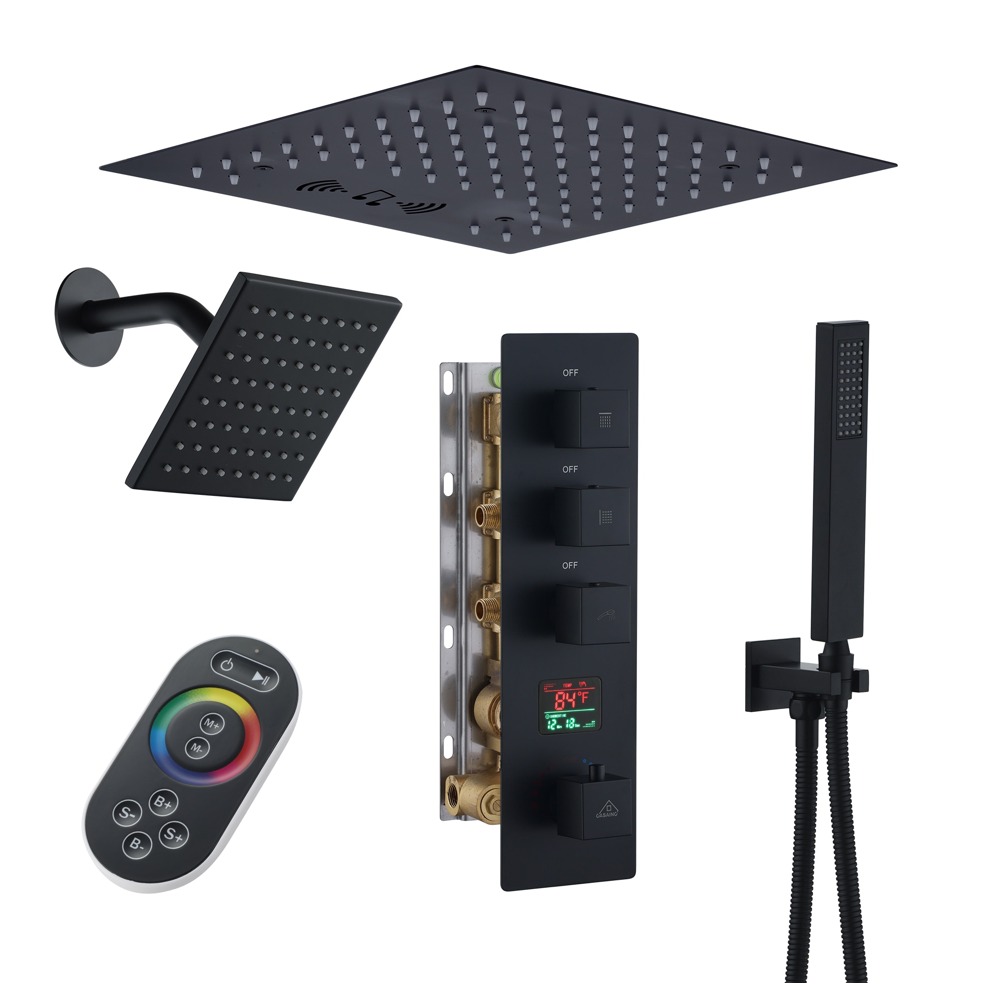 CASAINC KCHS0018-LEDMB Matte Black 12-Inches Dual Head Built-In Shower Faucet System with 3-way Diverter ( Thermostatic Valve Included )